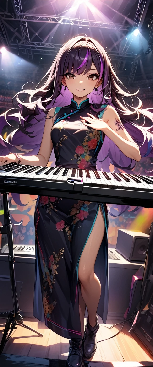 (highest quality:1.2, Very detailed, up to date, Vibrant, Ultra-high resolution, High Contrast, masterpiece:1.2, highest quality, Best aesthetics), Portraiture、girl、keyboard player、stage、performance、Rock Music、Bright colors、Beautiful fine details、Beautiful lip detail、long hair、black and purple ((streaked hair:1.6)), highlights hair: 1.5, brown eyes, slim body, (small breast:0.7), Music band、standing in keyboards booth, playing keyboards、(raise left hand high:1.5), Concert Light、Edgy Style、(colorful Cheongsam:1.2), (no sleeve:1), Dynamic Movement、hypnotic sounds、Stadium、amplifier、Loud music、(playing keyboards:1.6), (Floral Fineline tattoo design on left arm:1), Passionate performance、Sparkling stage、Concert atmosphere、Music Festival、Full of emotion、Rock star attitude、Resolute expression、Avid Fan、The presence of an attractive stage、 Expressive gestures、Rock star aura、An exciting atmosphere、An unforgettable show, closs earing, (full body:1.5)