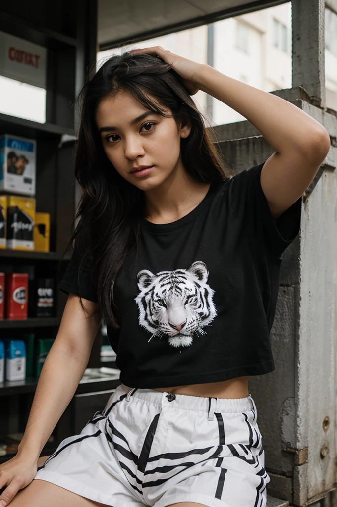 The girl is wearing a black t-shirt that says pahing ,beside him was a white tiger