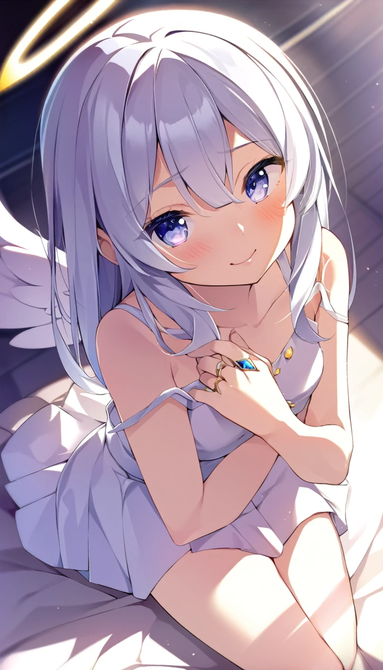 one girl, angel, angel wing, angel ring, sacred, cute, naive, pure white angel, 18 years old