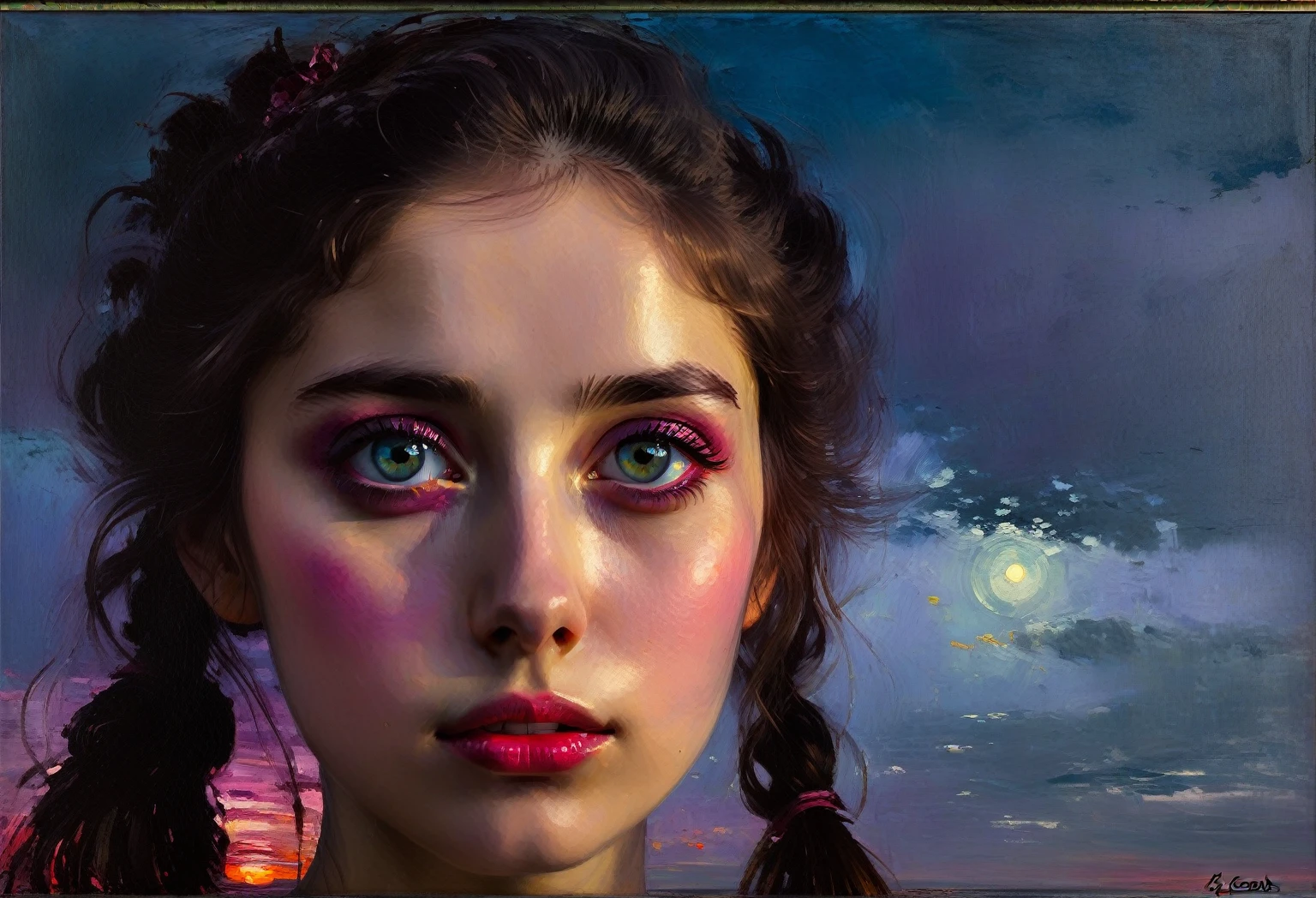 [(front portrait: pretty teen girl  with big eyes )(((by Jeremy Mann by John Constable by El Greco)))::20]/[background:landscape
 Baroque (moonlight sunset), style Rafael Santi], dark rainessance, crimson/liliac, very colorful,((oil painting)),((masterpiece)),single shot