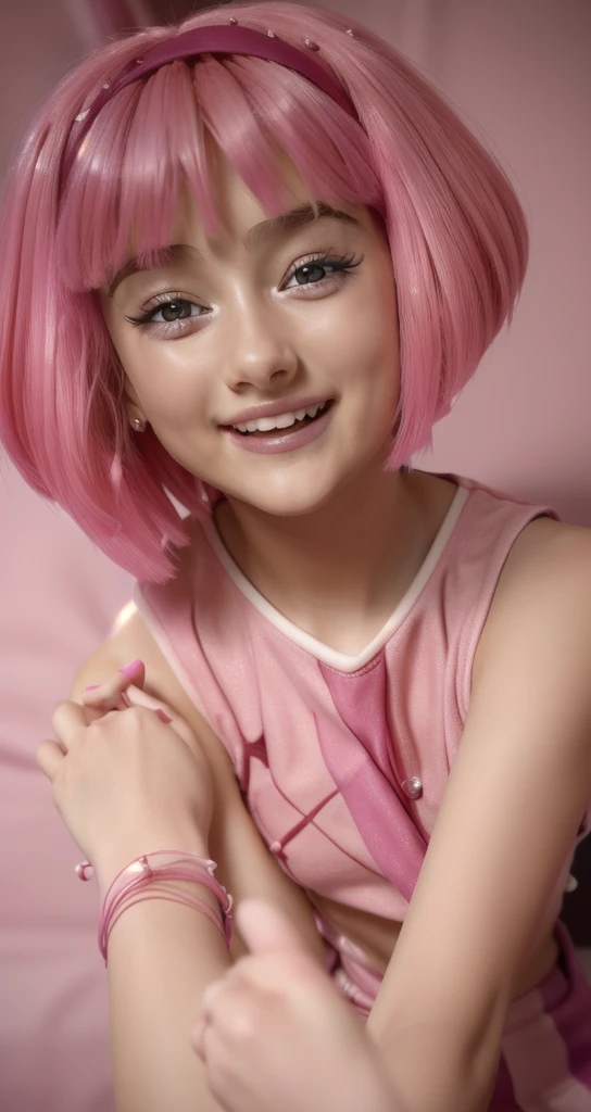 (((Girl ************))) ,sexly Mädchen rosa miniskirt und Spitzenstrümpfe, Stephanie from lazy town ,happy face,, Lip Gloss、smiling face eye shadow、((dramatic eyelashes))、(((Full-length portrait)))、( BH（pink))、( mini skirt（pink))、((colorful short hair（pink))), good quality, realist, Highly detailed 8k unified CG wallpaper, very detailed, High-resolution raw color photos, professional photography, cinematic light, Beautifully detailed, Super Detail, high detailed, Depth of field, lightning, Neonstraße, Super stylish lighting ,sexly, curvy,