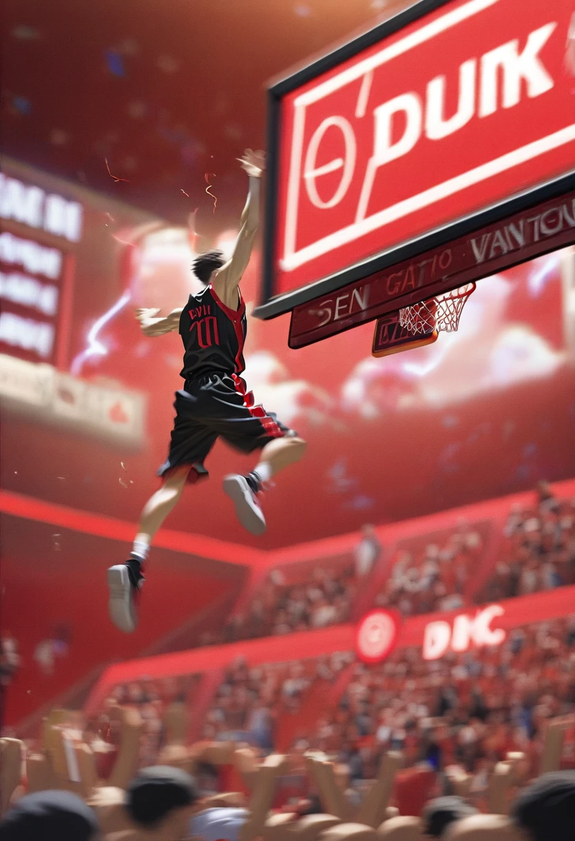 Male professional basketball player dunks in air, another player is jumping for defense in same time, dunk shot, SLAM DUNK, Dynamic Motion Blur, lightning, (red sign board with "0.1":1.4), The crowd gets excited in the dimly lit match venue, (masterpiece, best quality, super detailed)