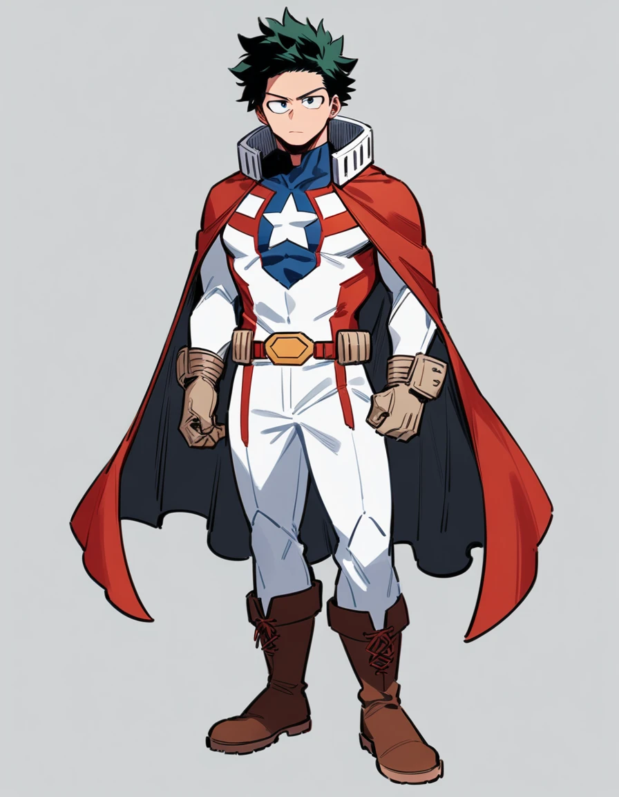 One boy, male focus, brown short hair, boku no hero academia, Izuku Midoriya look alike, masterpiece, best quality, very aesthetic, red, blue, white super hero suit, cape, boots, captain America like, proportionally anatomical, full body illustration, casual front pose.