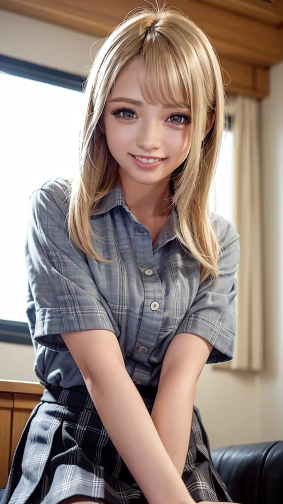 Realistic, masterpiece, highest quality, highest resolution, one Japanese high school girl, 16 years old, upper body photo, She narrows her eyes and looks at me with a shy smile and a smile, smiling with open mouth, Beautiful and detailed eye drawing, (droopy eyes:1.3), black eyes, thin eyebrows, Carefully draw eyelashes, A little tooth is visible, gal makeup, (blonde hair, midium hair, middle part:1.3), (hidden creased eyelids:1.3), He is wearing a neat white button-up shirt., She is wearing a short pleated skirt with a gray plaid pattern, A was photographed from below at an angle, school classroom