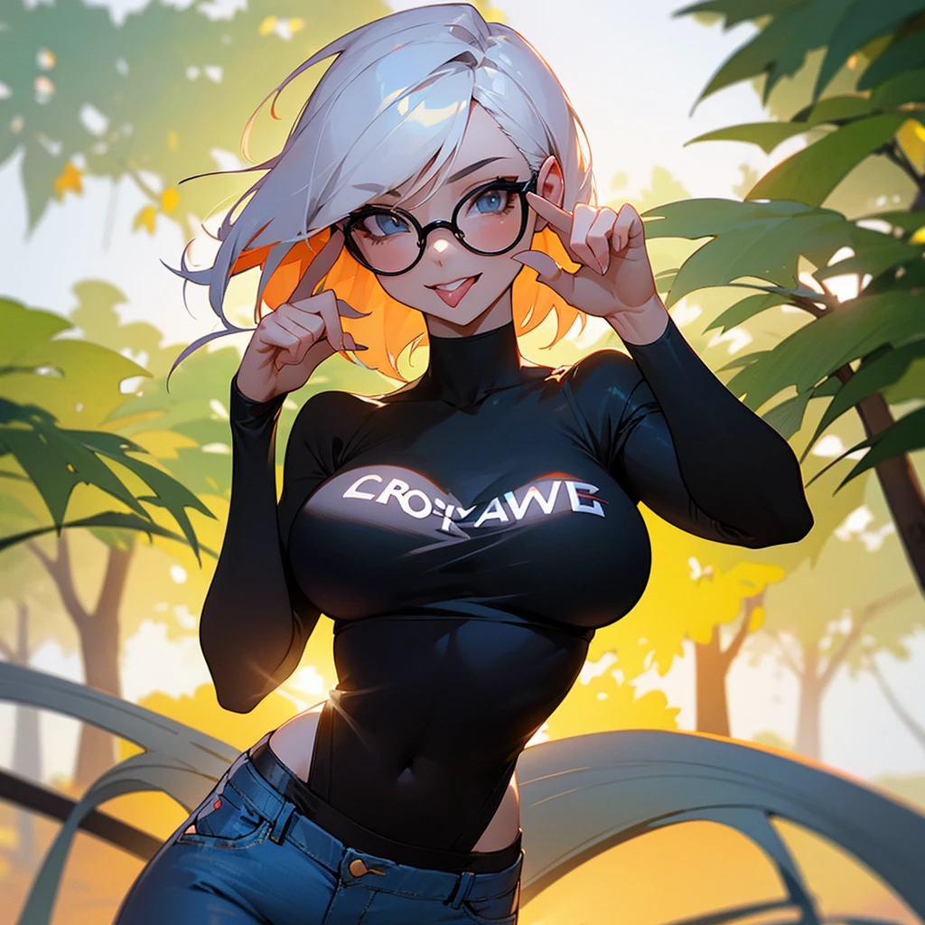a 21 year old girl, short white hair, glasses with orange lenses, wears a black shirt with coffee written on it, light blue denim shorts. she has big breasts, waist long, happy face with tongue out, and makes the gesture of "dva" With the hands. The scene takes place in a sunny park, with bright light filtered through the trees. The atmosphere is relaxed and cheerful.