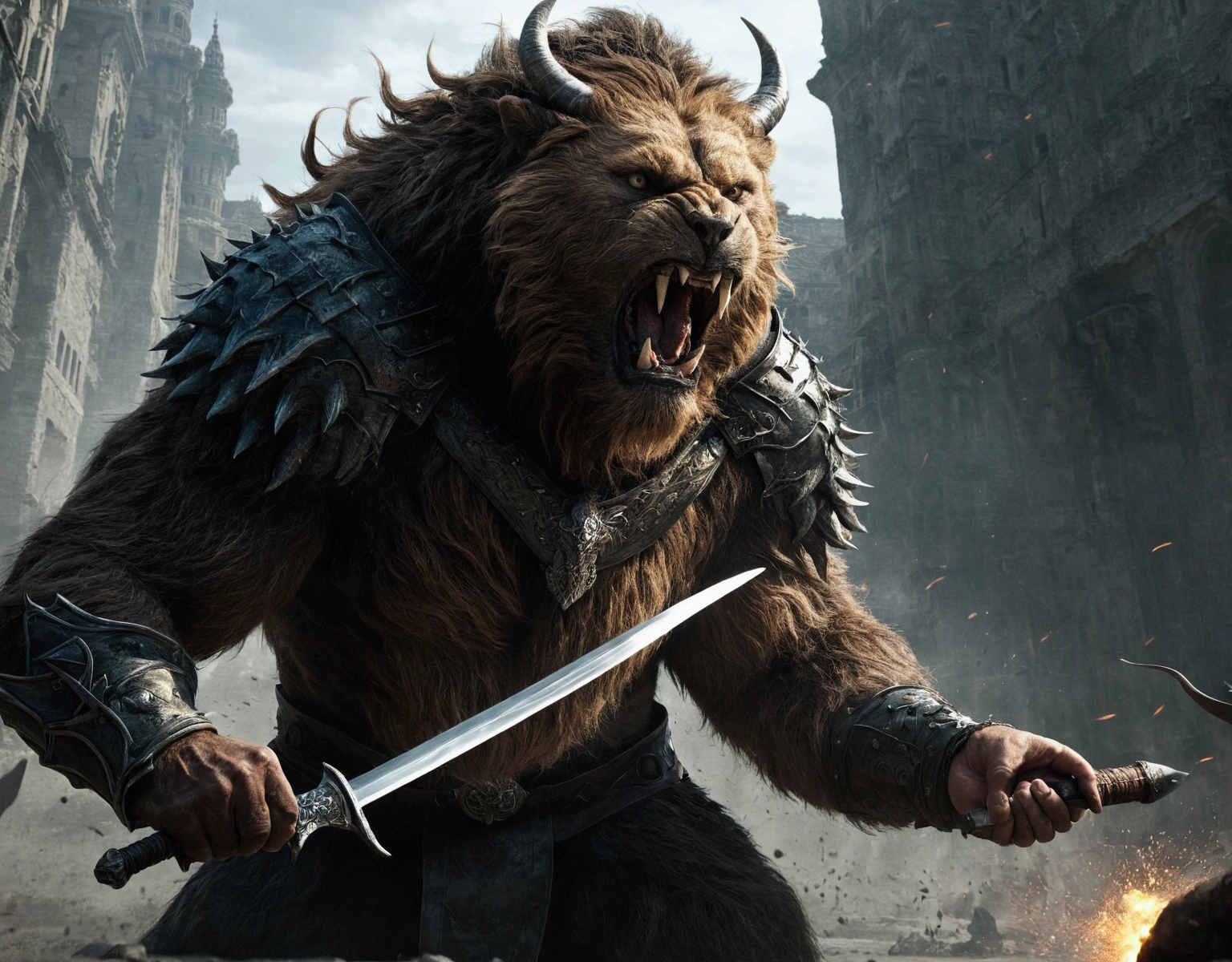 the man is attacking the beast, the beast does not have helmet etc, the man is wielding a sword
