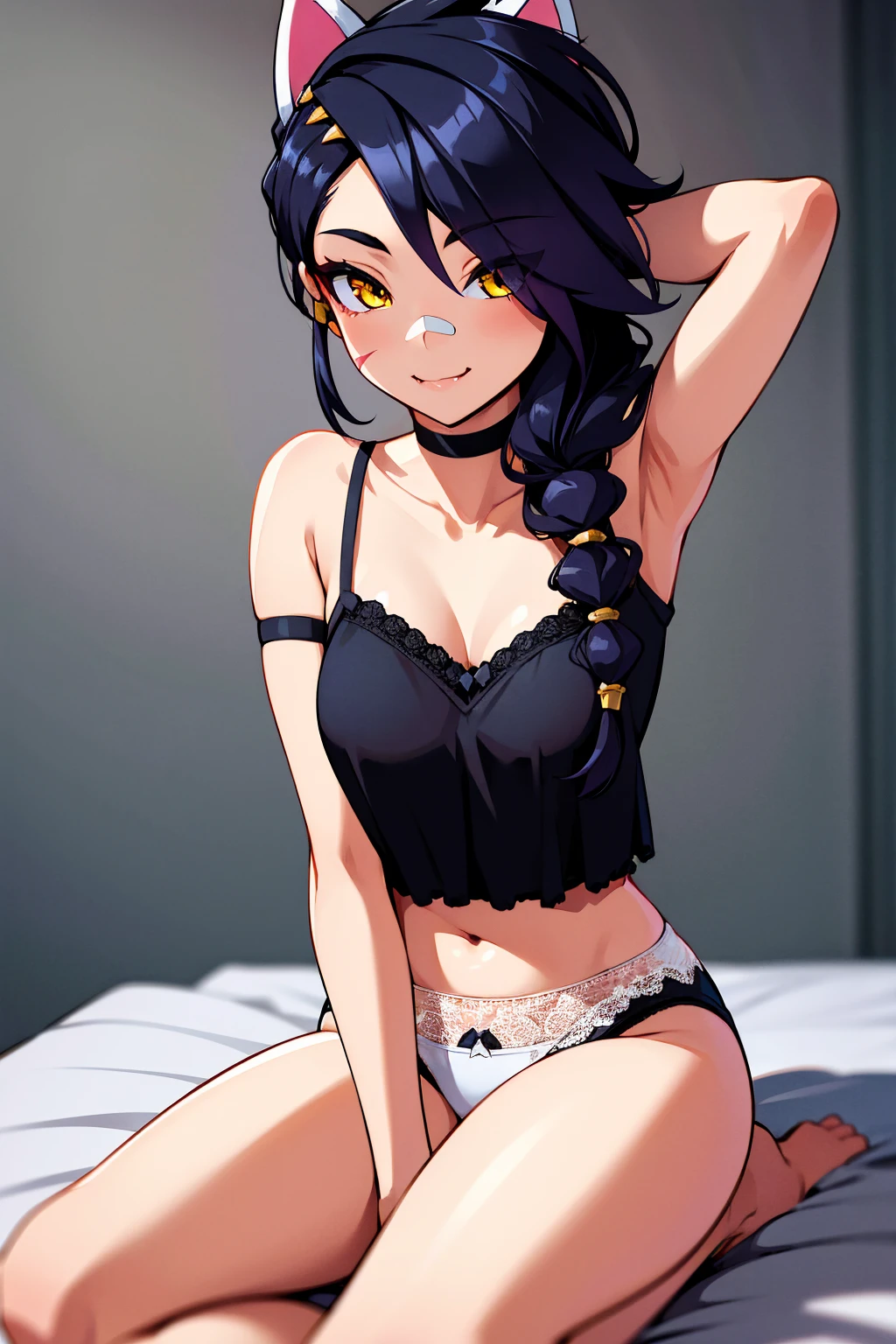 Erisa, 1girl, solo, long hair, looking at viewer, black hair, bandaid on face, yellow eyes, animal ears, smile, bandaid on nose, braid, cat ears, bandaid, bangs, breasts, fake animal ears, bedroom background, fang, bare shoulders, scar, bare shoulders, closed mouth, hair over one eye, portrait, hair over shoulder, legs, lingerie, bedroom, seductive, realistic, highly detailed face, detailed eyes, best quality, masterpiece, ultra detail, ultra high res, extreme detail, 8k, uhd