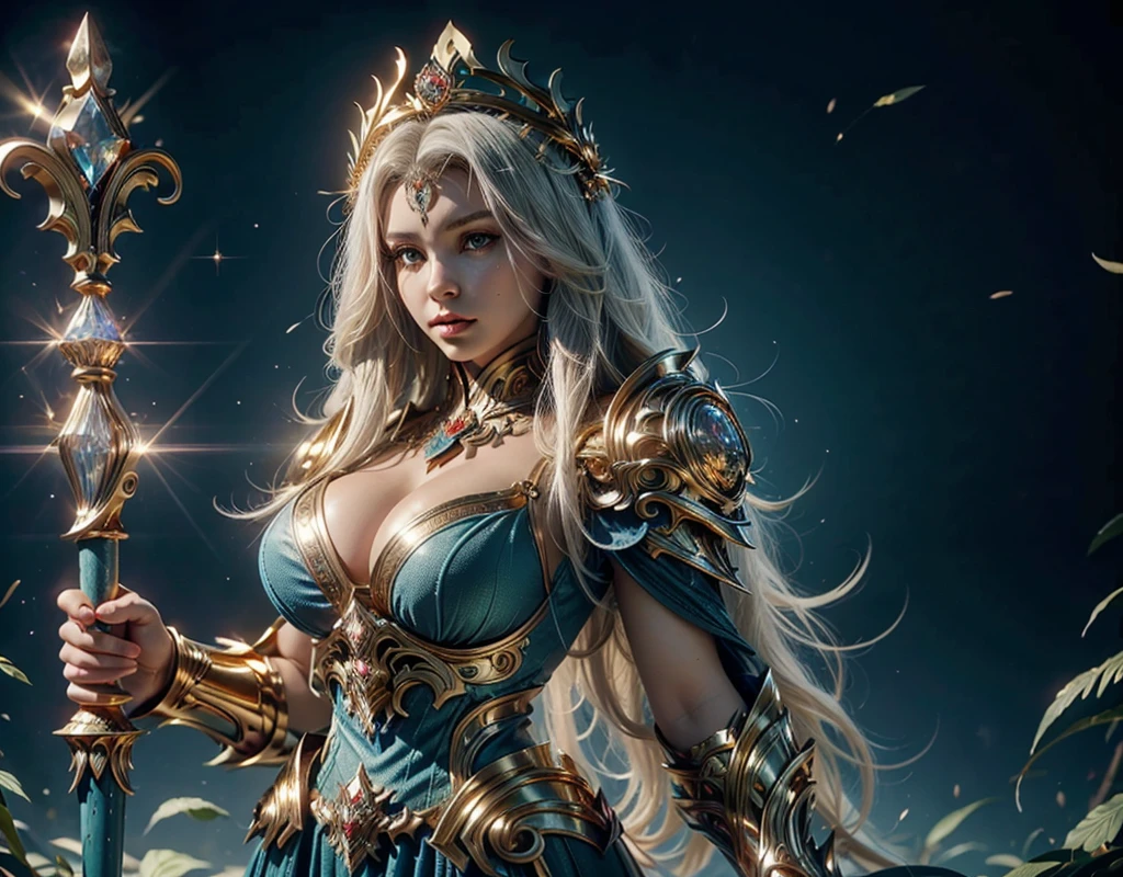 She's facing me staring at me. In a pleasant forest clear day, there is a woman highlighting her remains of her rasp feathers. A goddess with long white hair, ultra detailed eyes, golden crown, holding a staff with large magic crystal in the white glowing center, wearing a blue costume of paladin powers, futuristic. Templar Armor with Fine Gold Accents, Details:1.2) 4K ultra-HD, digital SLR, soft lighting, high quality,