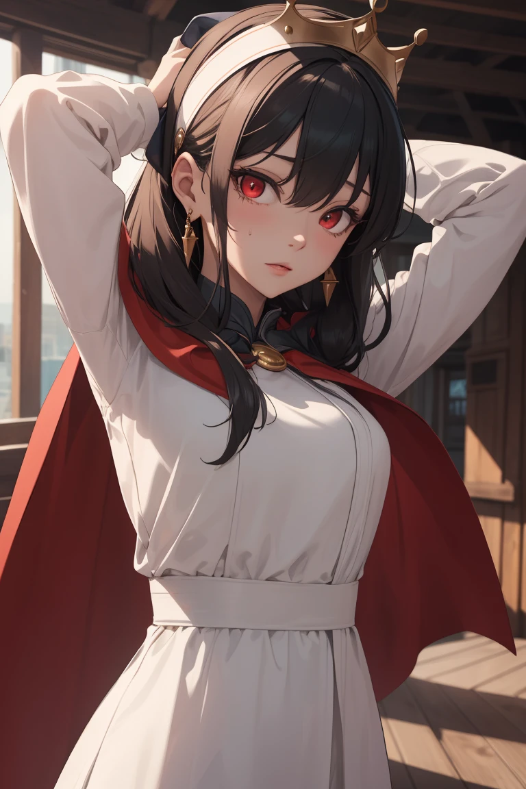 bbyorf, short hair with long locks, white hairband, ((red eyes:1.5)), gold earrings,
BREAK (long sleeves, hat, dress, cape, tiara, crown, purple cape, white dress, long sleeves:1.2),
BREAK arms up,armpit, sweating,
BREAK (masterpiece:1.2), best quality, high resolution,NSW ,unity 8k wallpaper, (illustration:0.8), (beautiful detailed eyes:1.6), extremely detailed face, perfect lighting, extremely detailed CG, (perfect hands, perfect anatomy),