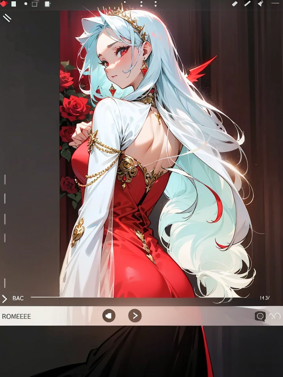 Add in roses to her dress, a good back dress design with some golden jewelry, make her dress into a red and white gown with a hat, give her some unique Jewelry, and make her look somewhat of a demonic angel like appearance to her
