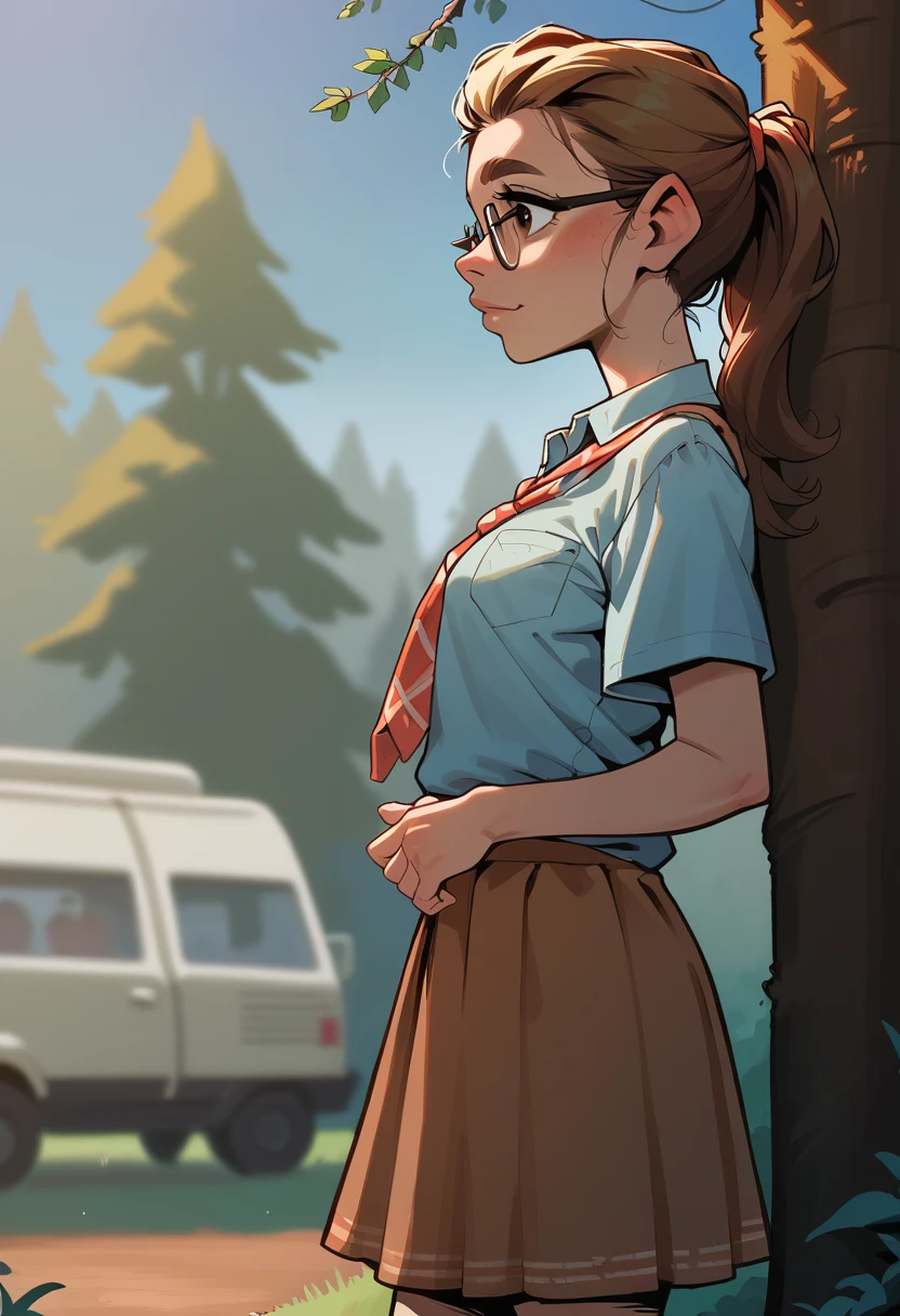 1girl, european girl, 18 years old, long light-brown hair, straight hair, a strand behind the ear, cute face, blue bloose, long brown skirt, glasses, standing, school camp, school, source_realictic, deatiling panting, brown eyes, detailing body, side view
