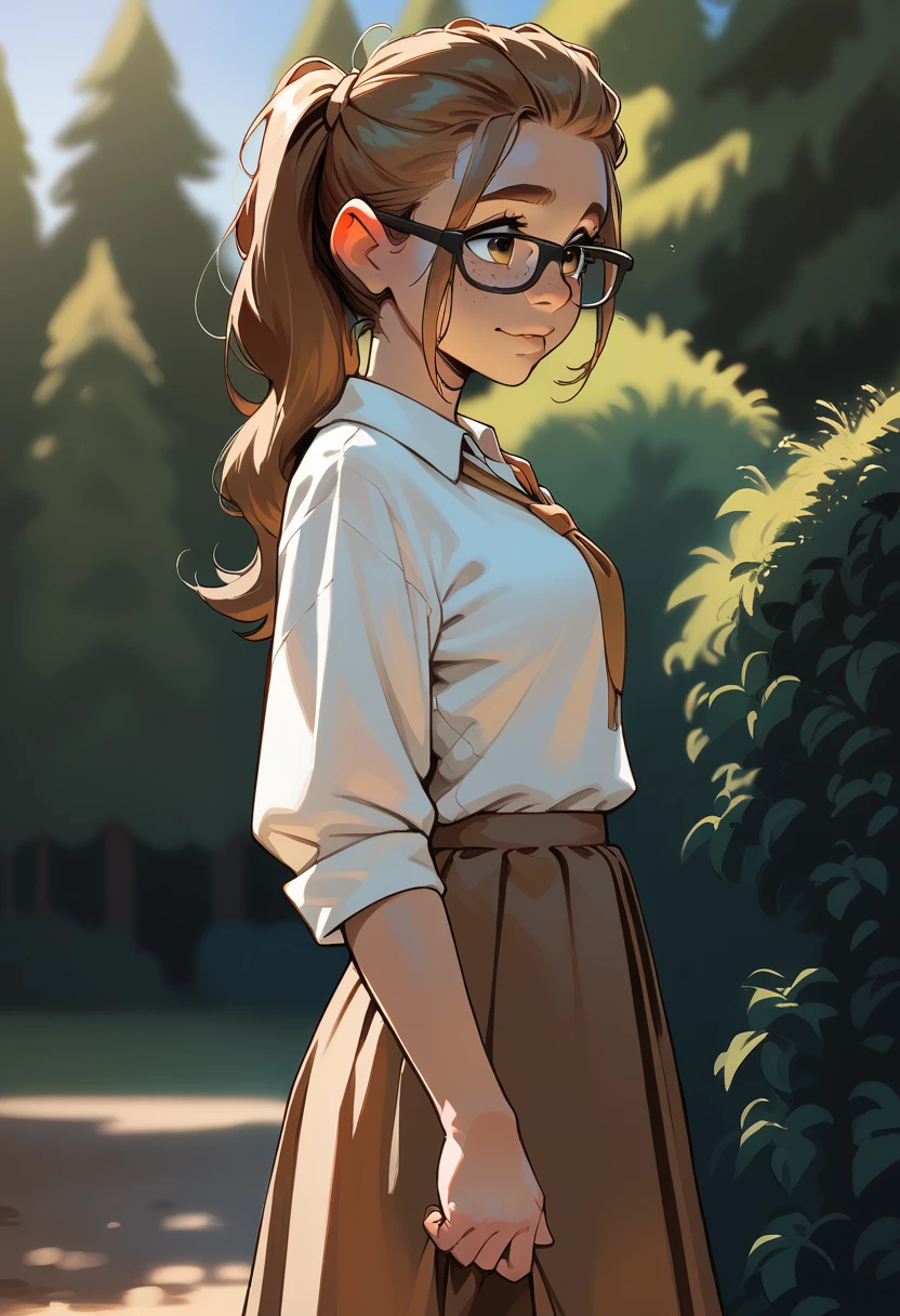 1girl, european girl, 18 years old, long light-brown hair, straight hair, a strand behind the ear, cute face, blue bloose, long brown skirt, glasses, standing, school camp, school, source_realictic, deatiling panting, brown eyes, detailing body, side view