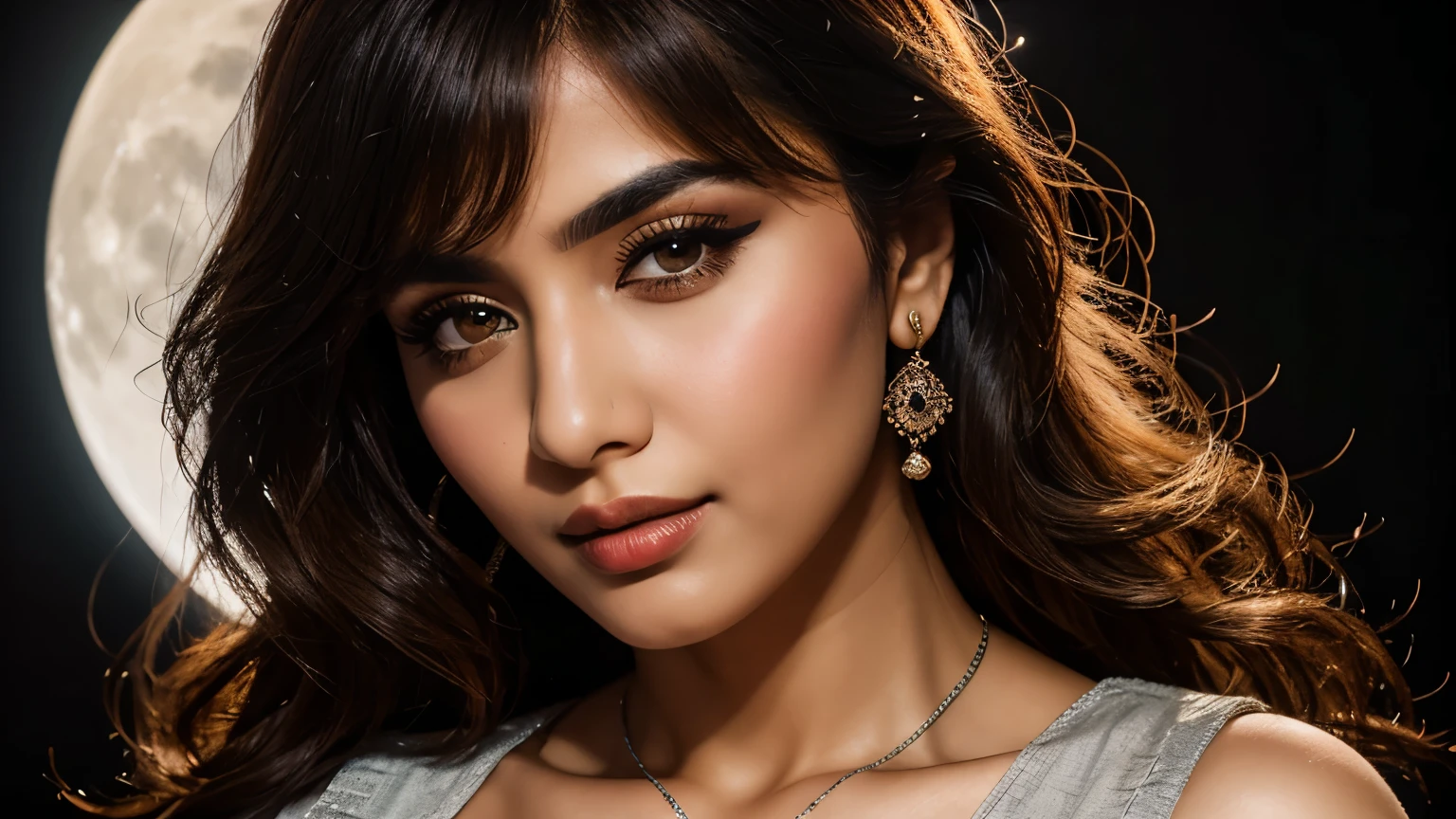 closeup portrait of Pakistani skswoman, neutral , wearing overalls , big breasts with bra, with silver Side-swept bangs , background moon epic (photo, studio lighting, hard light, sony a7, 50 mm, matte skin, pores,