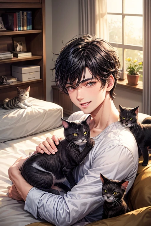 Lots of cats,Three cats,Man surrounded by cats,smile,Refreshing Men,Gentle expression,猫もsmile,