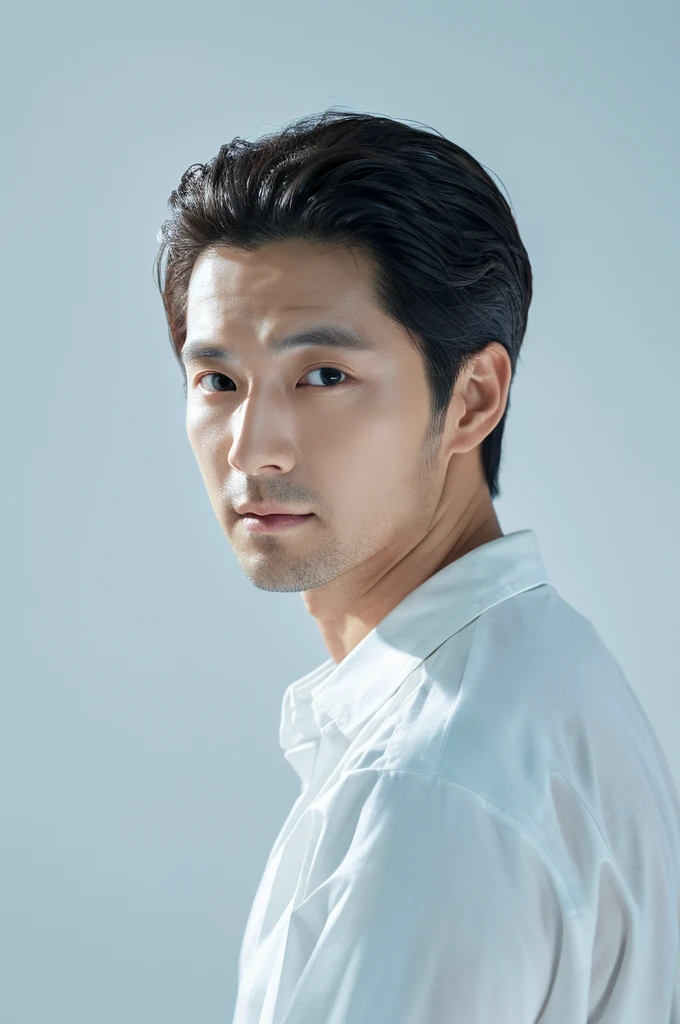 4K camera, perfect face, perfect skin, Korean man, white shirt, 40 years old, actor, pure white background