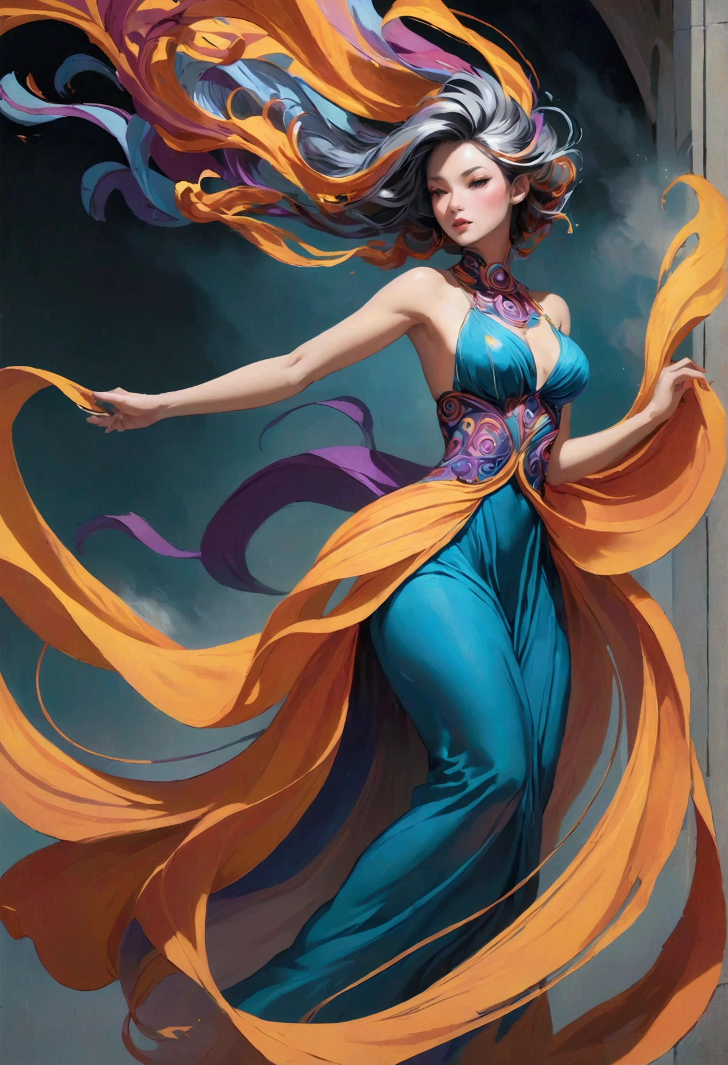 A burst of vivid shades, swirling and twirling in a fluid motion like smoke on the wind.