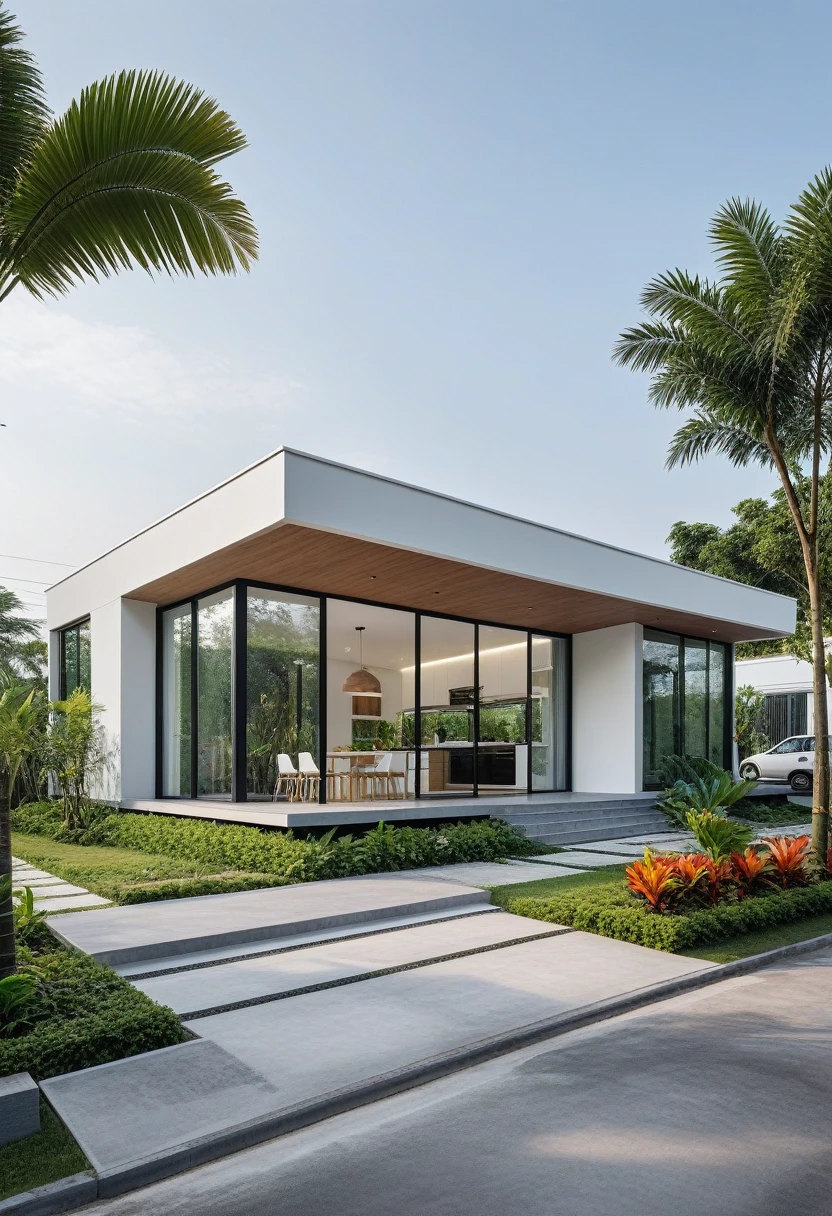 A hyper-realistic , a modern one-story house with a minimalist design, (very small house: 1.2) ,((with a facade less than 4 meters wide:1.2)), white and glass materials. The house has a flat roof, large floor-to-ceiling glass windows, The garden includes various tropical plants and trees. (house as the showroom mini furniture:1.2), front view, elevation view