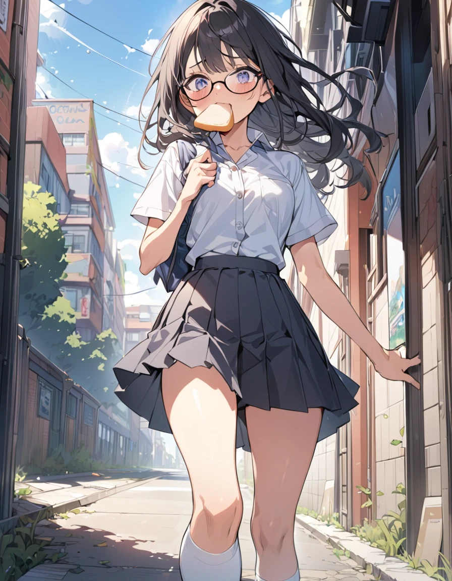 ((masterpiece)), ((best quality)), (ultra-detailed), ((kawaii)), cute, (lovely), illustration, anime style, (a anime girl in school uniform), ((dress shirt)), Short sleeve, (Dark gray pleated skirt), black hair, (long hair), glasses, (with white bread in mouth:1.4), slim, slender, medium breasts, (white socks), School bag, (morning), blue sky, outdoor, ((Narrow Alley)), ((girl running on School zone)), panicked face, extremely detailed, Documentary.