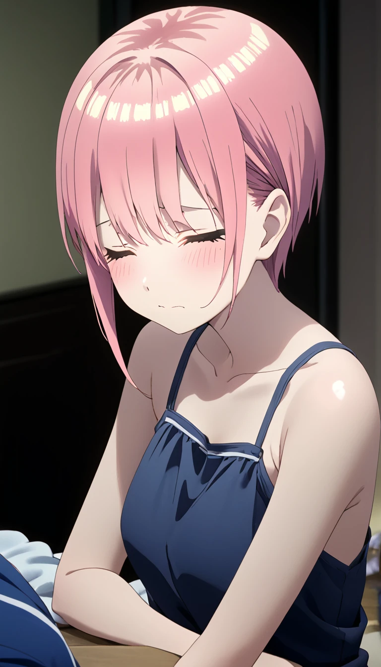 (Highest quality、Masterpiece、Very detailed、4K)、One Woman、、short hair、Pink Hair、(((Nakano Ichika)))、Looks sleepy、chest、arm