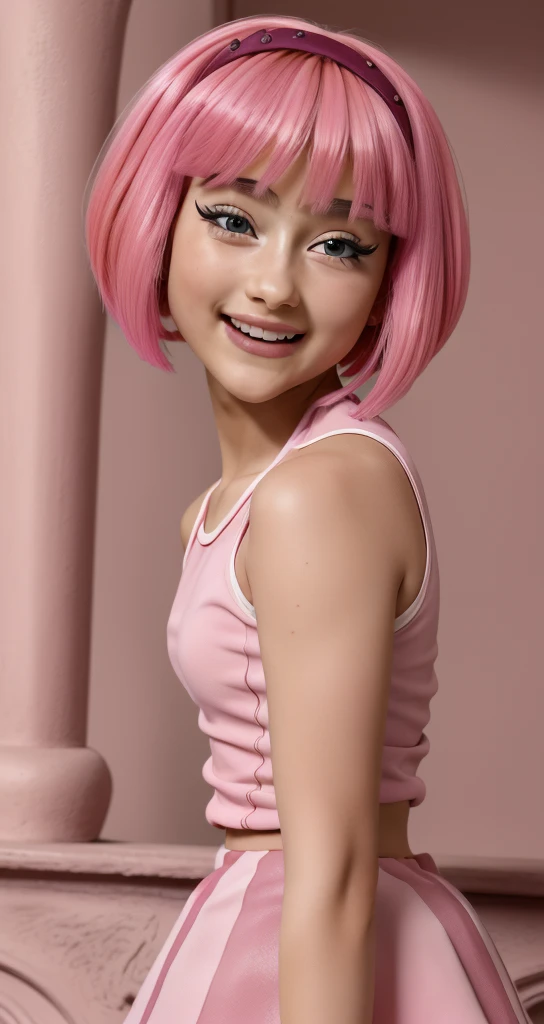 (((Girl 12 years old))) ,sexly Mädchen rosa miniskirt und Spitzenstrümpfe, Stephanie from lazy town ,happy face,, Lip Gloss、smiling face eye shadow、((dramatic eyelashes))、(((Full-length portrait)))、( BH(pink))、( mini skirt(pink))、((colorful short hair(pink))), good quality, realist, Highly detailed 8k unified CG wallpaper, very detailed, High-resolution raw color photos, professional photography, cinematic light, Beautifully detailed, Super Detail, high detailed, Depth of field, lightning, Neonstraße, Super stylish lighting ,sexly, curvy,