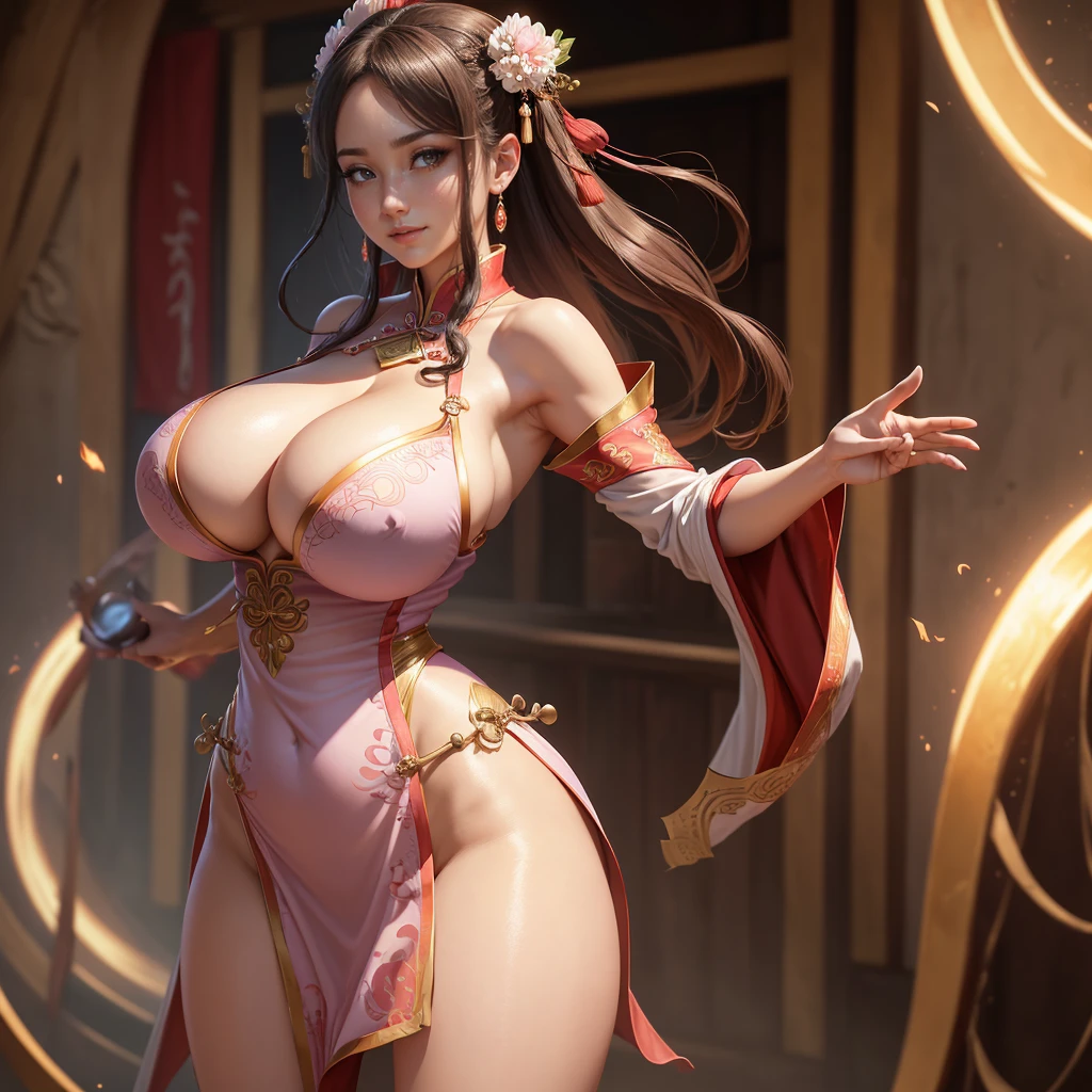 Highly detailed CG unit 8k wallpaper, masterpiece, High resolution, highest quality, highest quality real texture skin, Super Real, Digital Painting, Best image quality, 最High resolution, 8k, ((Highly detailed eyes and face)), Beautiful eyes every detail, Full Body Shot, Crouching posture, Accentuate your , chinese style embroidery, china dress, slit, Thighs, ((disproportionate , , sagging , Cleavage, , Saggy , Gravity-dependent , long , Heavy ,  )), smile, grin, ((Diao Chan, Three Kingdoms)), , , Light peach color, Light purple color, パステルカラー, slender, 
