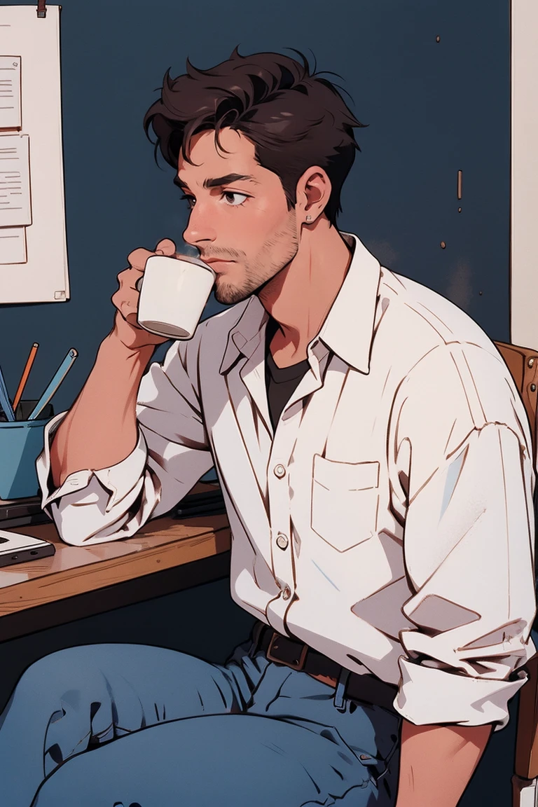 a 32-year old man, white button shirt, blue trousers, sitting in his home office, drinking coffee