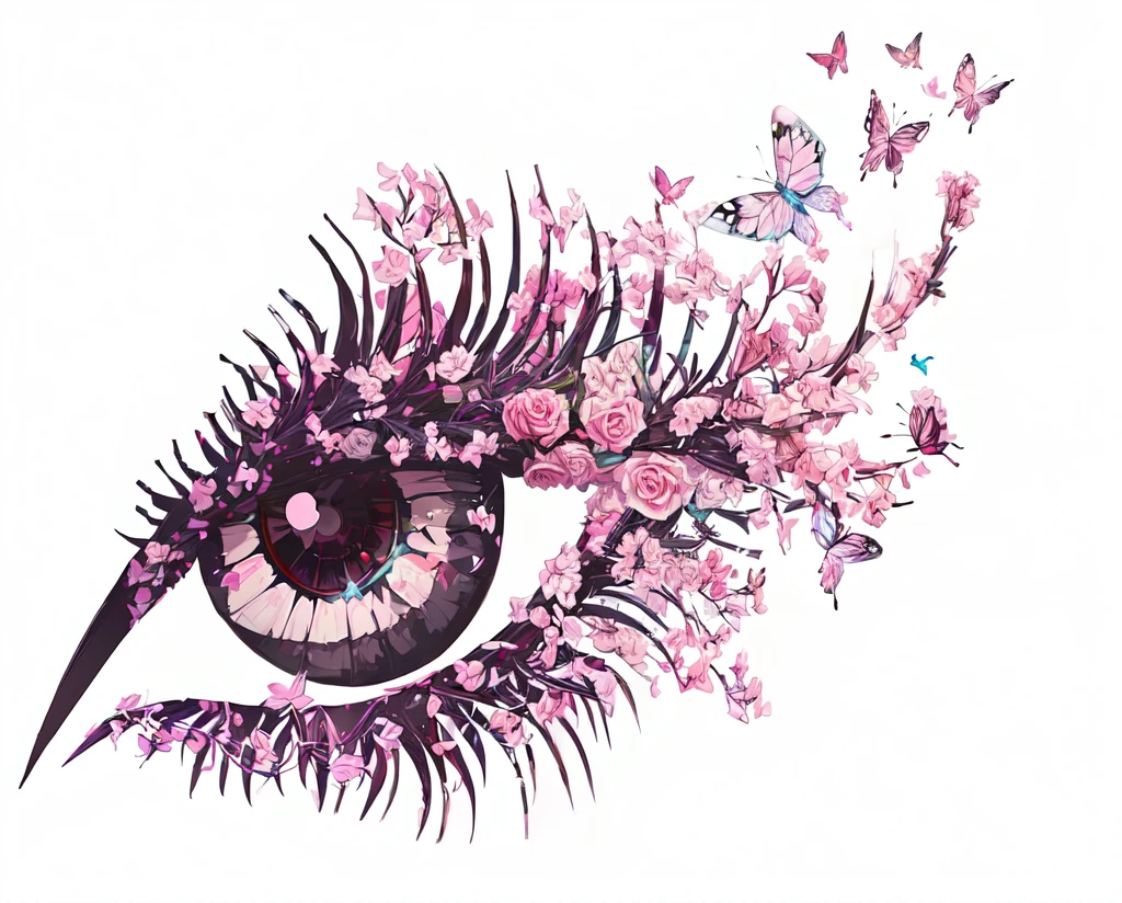 Generate by image,Change the eyes to a blue tint,Butterfly replaced with Roses and Butterflies,White background