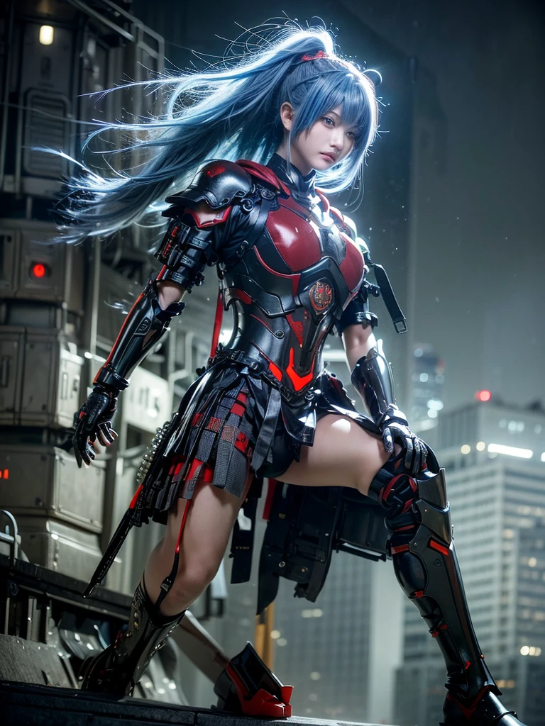 (top-quality:1.2, masterpiece), ultra high resolution, (Photorealsitic:1.4),, (bird-type mechanical heavy armor), (mechanical armor:1.3), light red base with silver and bronze accent, 1 Japanese female soldier, extremely realistic face, (blue hair), ((ultimately intricate all details)), (whole body picture), realistic shadow, octan render, 8K, ultrasharp, character edge light, Details of complex ornaments, Hydraulic cylinder, power cable, dystopia with a beautiful view at night,