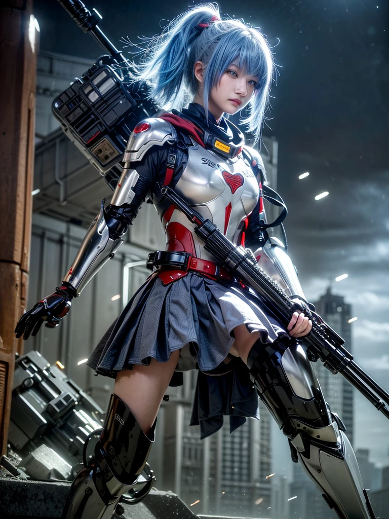 (top-quality:1.2, masterpiece), ultra high resolution, (Photorealsitic:1.4),, (bird-type mechanical heavy armor), (mechanical armor:1.3), light red base with silver and bronze accent, 1 Japanese female soldier, extremely realistic face, (blue hair), ((ultimately intricate all details)), (whole body picture), realistic shadow, octan render, 8K, ultrasharp, character edge light, Details of complex ornaments, Hydraulic cylinder, power cable, dystopia with a beautiful view at night,