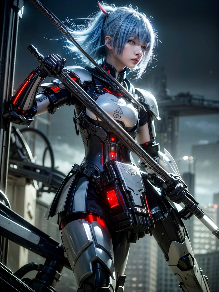 (top-quality:1.2, masterpiece), ultra high resolution, (Photorealsitic:1.4),, (bird-type mechanical heavy armor), (mechanical armor:1.3), light red base with silver and bronze accent, 1 Japanese female soldier, extremely realistic face, (blue hair), ((ultimately intricate all details)), (whole body picture), realistic shadow, octan render, 8K, ultrasharp, character edge light, Details of complex ornaments, Hydraulic cylinder, power cable, dystopia with a beautiful view at night,