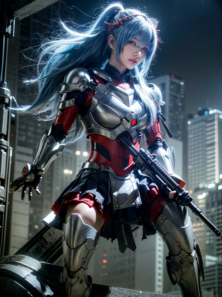 (top-quality:1.2, masterpiece), ultra high resolution, (Photorealsitic:1.4),, (bird-type mechanical heavy armor), (mechanical armor:1.3), light red base with silver and bronze accent, 1 Japanese female soldier, extremely realistic face, (blue hair), ((ultimately intricate all details)), (whole body picture), realistic shadow, octan render, 8K, ultrasharp, character edge light, Details of complex ornaments, Hydraulic cylinder, power cable, dystopia with a beautiful view at night,