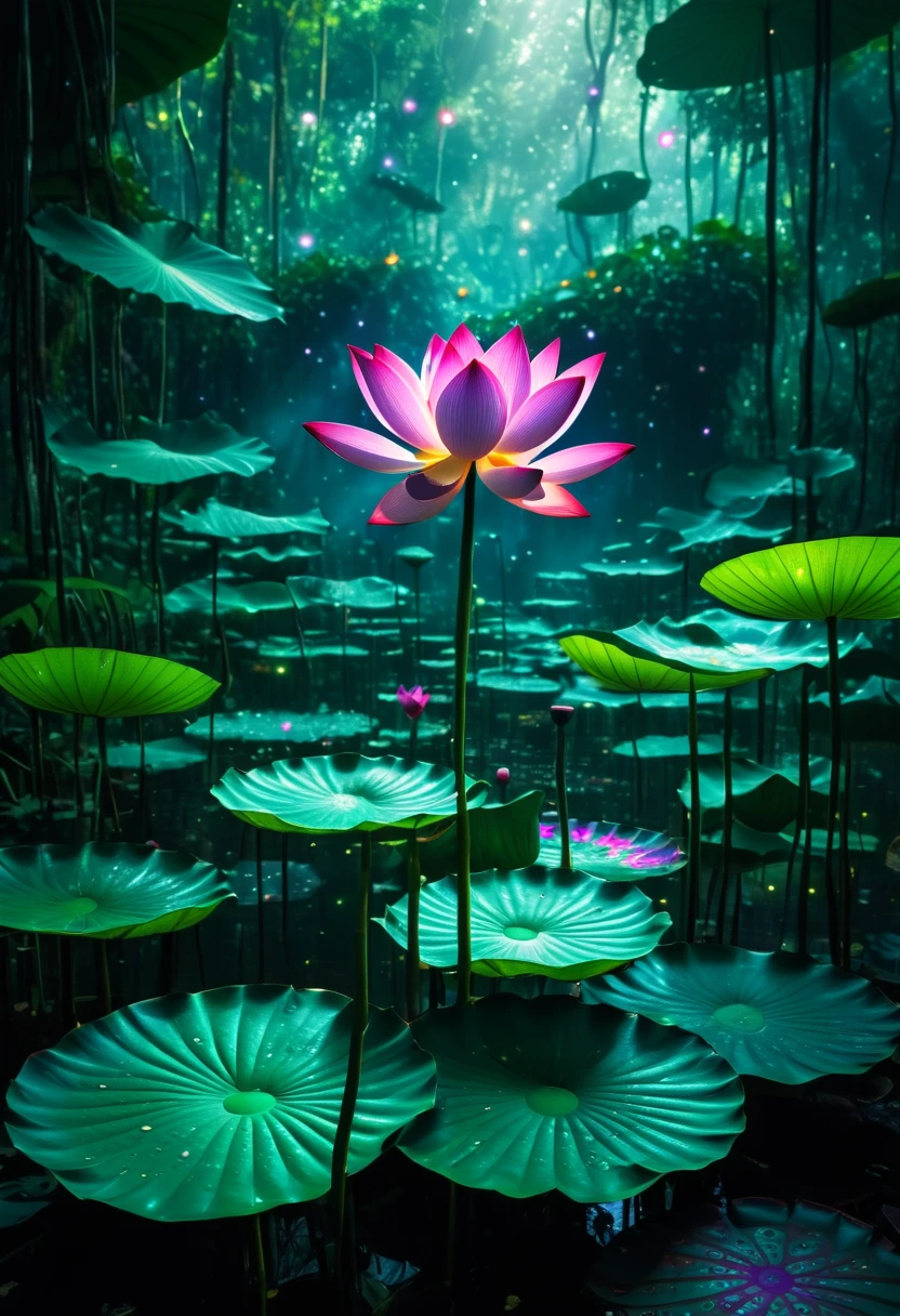 A clearing in the middle of the Amazon rainforest，A lotus with spores flying around it. Neon Colors. magical. magic. Realist. 