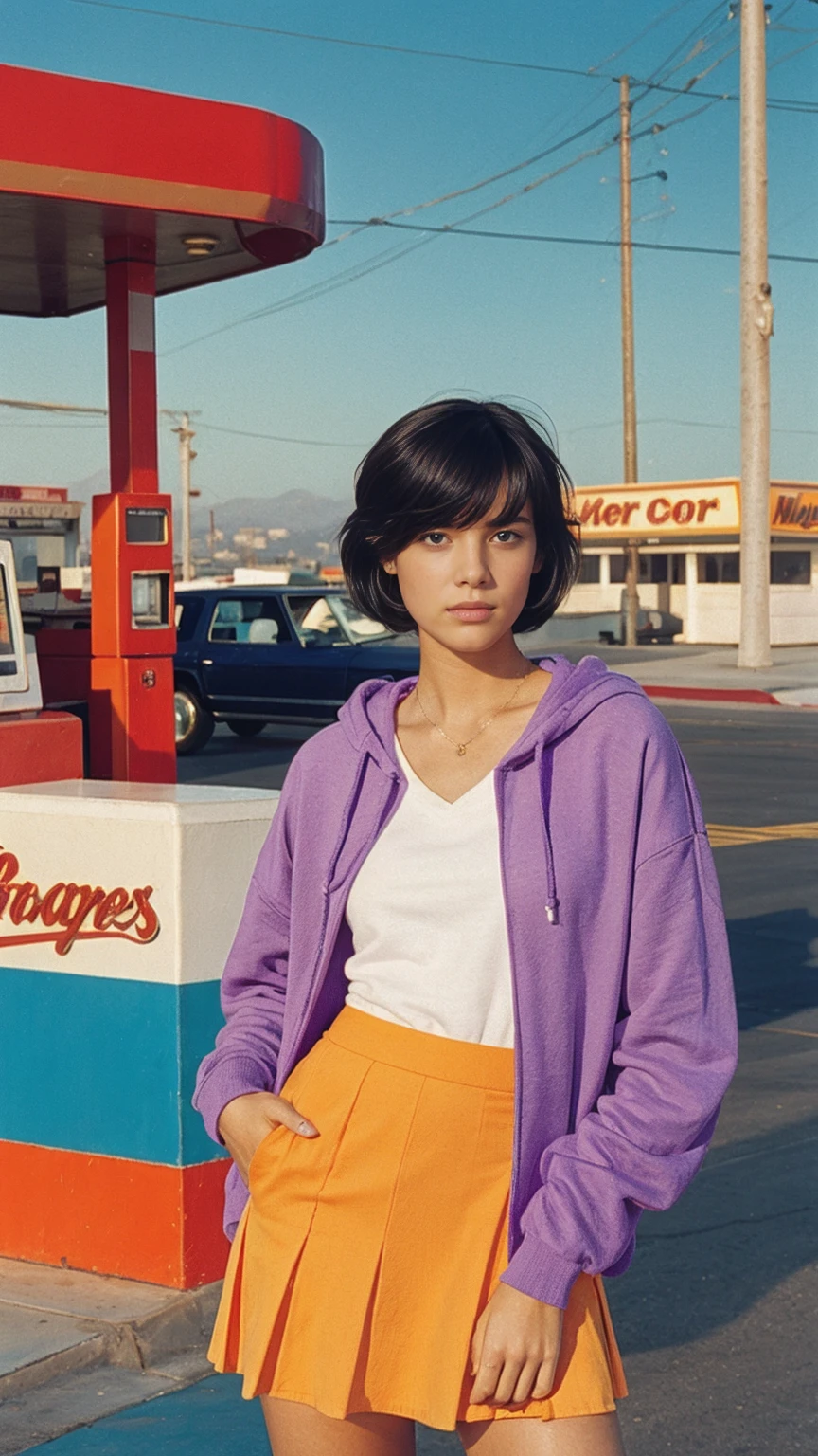 (medium shot portrait) of cute 23 yo girl ,wear ((orange color oversized_hoodie)), wear ((purple tennis skirt)),looking front,ultra detail, 8k portraitBest Quality,Masterpiece,Ultra High Resolution,(Realisticity:1.4),Original Photo, 1Girl, light leak,ultra high resolution,UHD,beautiful, ((black bob hairstlye)), almond eye, no makeup, in front of ((80's colorful los angles gas station)), ((masterpiece)),summer, blue sky, palm trees,sunny, los angles vibes,film camera, 800mm lens,style of Philip Lorca diCorcia