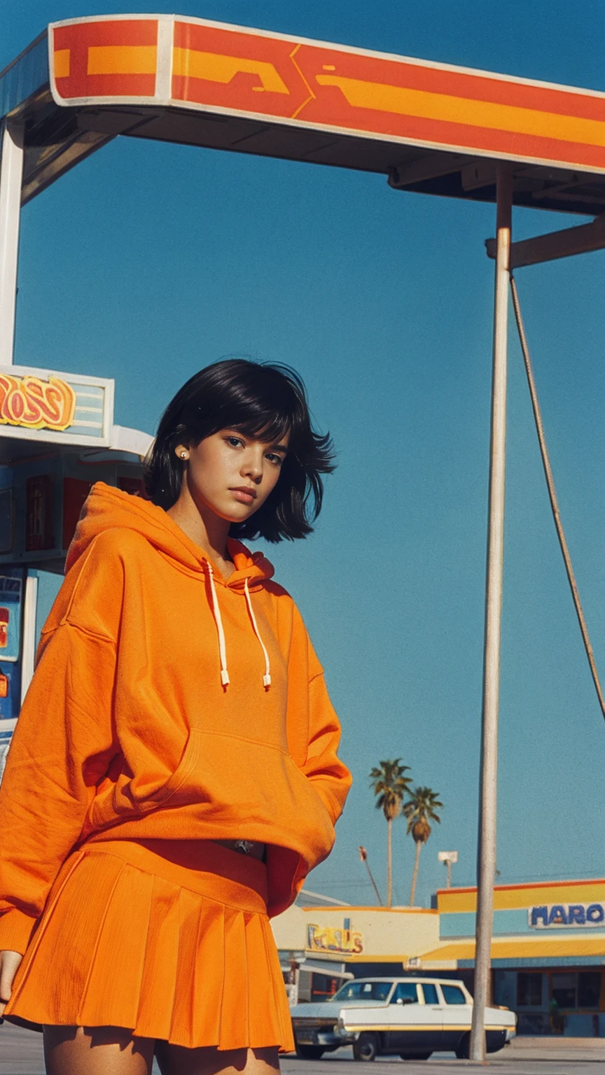 (medium shot portrait) of cute 23 yo girl ,wear ((orange color oversized_hoodie)), wear ((purple tennis skirt)),looking front,ultra detail, 8k portraitBest Quality,Masterpiece,Ultra High Resolution,(Realisticity:1.4),Original Photo, 1Girl, light leak,ultra high resolution,UHD,beautiful, ((black bob hairstlye)), almond eye, no makeup, in front of ((80's colorful los angles gas station)), ((masterpiece)),summer, blue sky, palm trees,sunny, los angles vibes,film camera, 800mm lens,style of Philip Lorca diCorcia