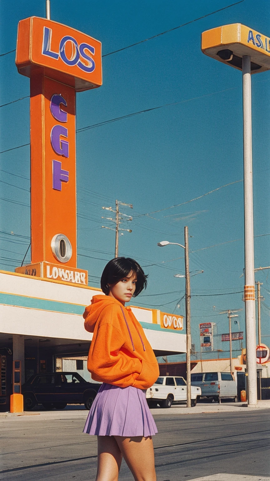 (medium shot portrait) of cute 23 yo girl ,wear ((orange color oversized_hoodie)), wear ((purple tennis skirt)),looking front,ultra detail, 8k portraitBest Quality,Masterpiece,Ultra High Resolution,(Realisticity:1.4),Original Photo, 1Girl, light leak,ultra high resolution,UHD,beautiful, ((black bob hairstlye)), almond eye, no makeup, in front of ((80's colorful los angles gas station)), ((masterpiece)),summer, blue sky, palm trees,sunny, los angles vibes,film camera, 800mm lens,style of Philip Lorca diCorcia