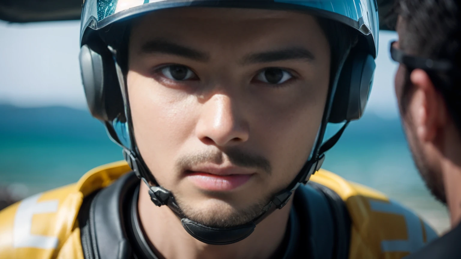 There is a man wearing a helmet and a wetsuit., Movie stills, Edgar Maxence and Ross Tran, Face close-up, Soldier of the Future, 疲れたMovie stills, By Pierre Lafille, army, Without helmet, Man with a halo, Shattered Earth, Chappie, Color corrected  