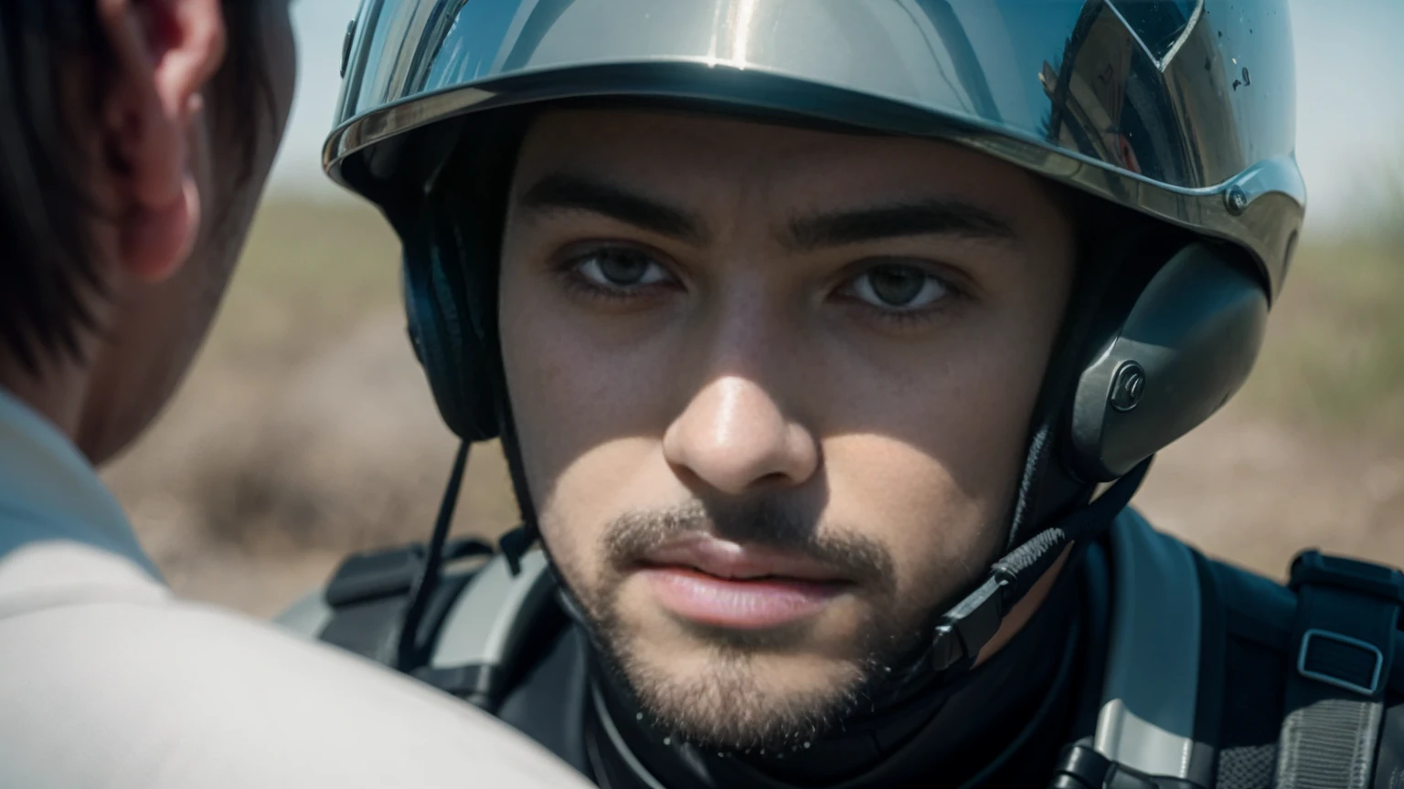 There is a man wearing a helmet and a wetsuit., Movie stills, Edgar Maxence and Ross Tran, Face close-up, Soldier of the Future, 疲れたMovie stills, By Pierre Lafille, army, Without helmet, Man with a halo, Shattered Earth, Chappie, Color corrected  