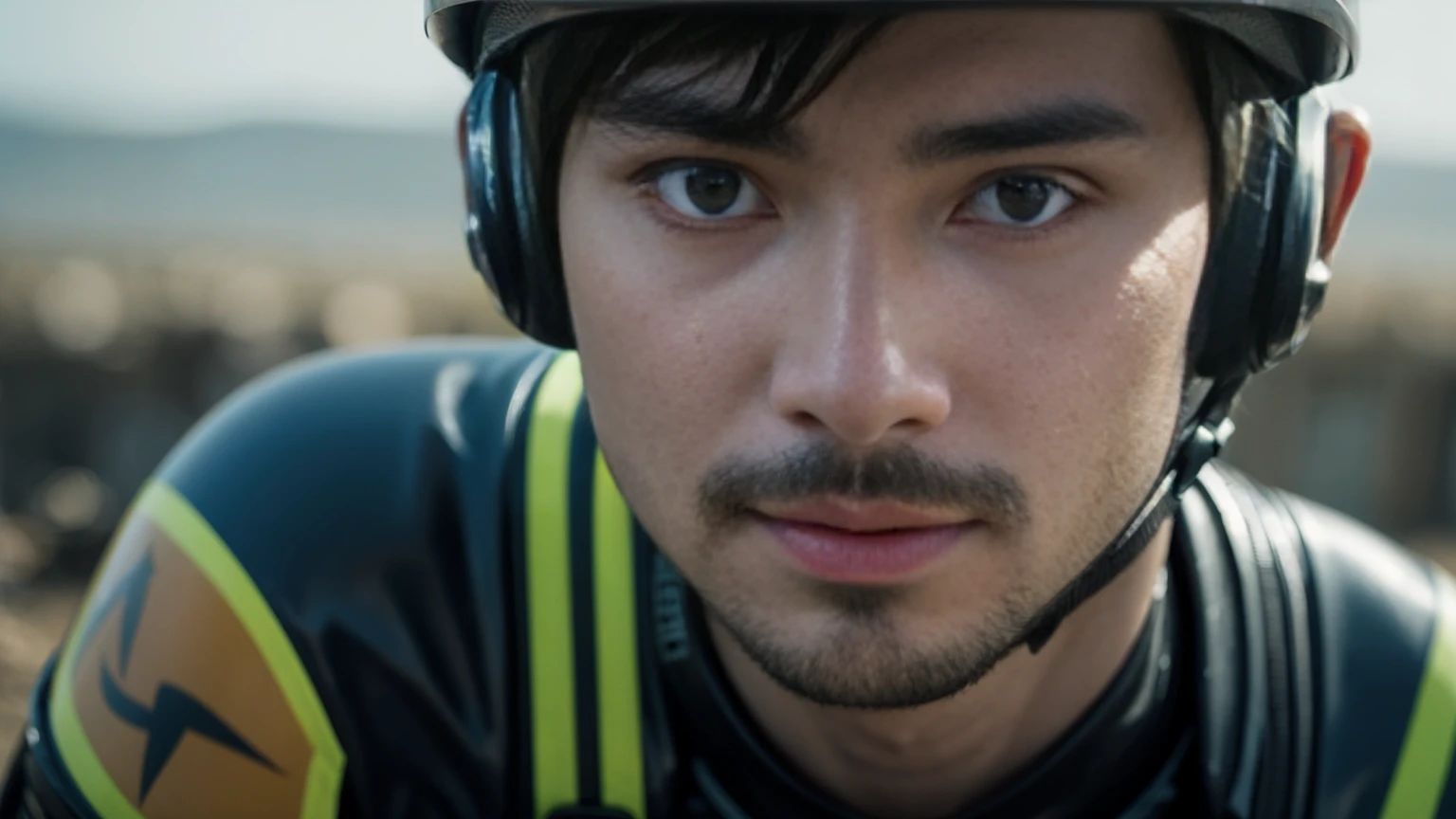 There is a man wearing a helmet and a wetsuit., Movie stills, Edgar Maxence and Ross Tran, Face close-up, Soldier of the Future, 疲れたMovie stills, By Pierre Lafille, army, Without helmet, Man with a halo, Shattered Earth, Chappie, Color corrected