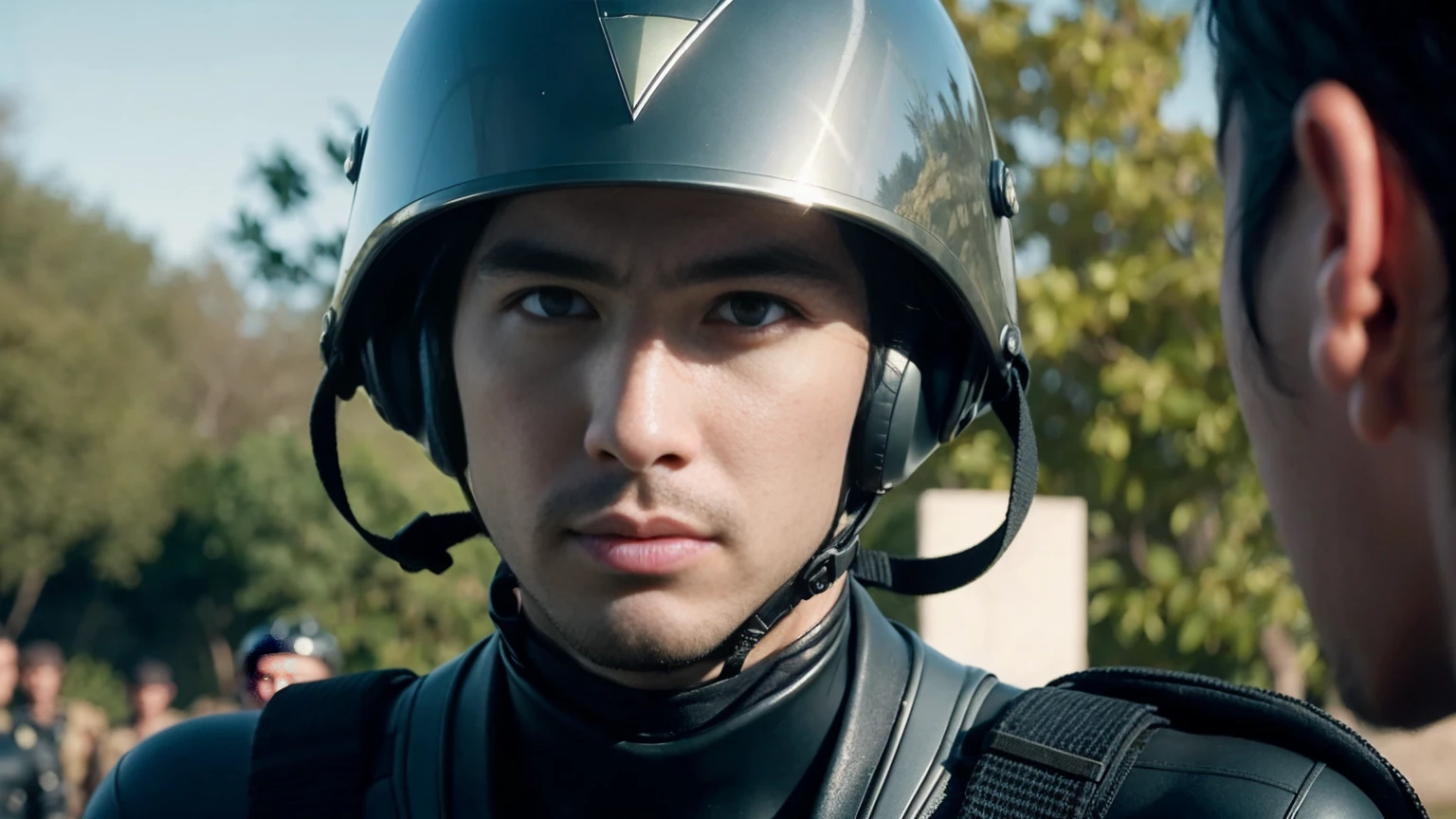 There is a man wearing a helmet and a wetsuit., Movie stills, Edgar Maxence and Ross Tran, Face close-up, Soldier of the Future, 疲れたMovie stills, By Pierre Lafille, army, Without helmet, Man with a halo, Shattered Earth, Chappie, Color corrected