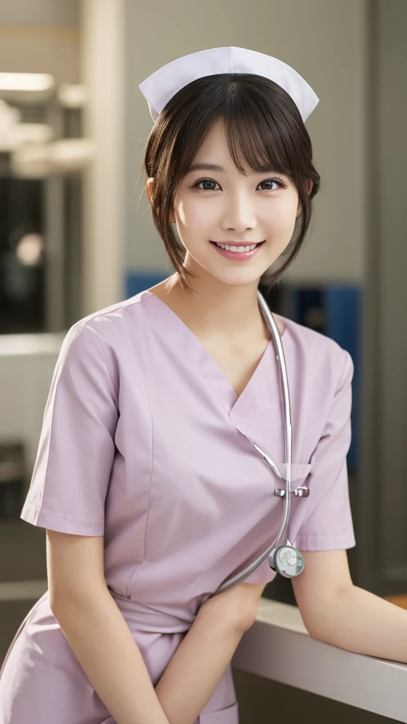 (Highest quality: 1.5), (Realistic: 1.5), (1 person: 1.5), Very detailed, High resolution, 8k,Natural color lips, Cute Smile, Japanese women, 20-year-old girl, Beautiful and elegant features, Perfect and beautiful face, Balanced big eyes, Beautiful and elegant features, Natural double eyelids, Natural Bangs, Beautiful thin nose, Beautiful Skin, Medium Bob Hair , Natural Bangs , Perfect and beautiful face, Slim face and figure, (Looking at the camera with a sweet smile), Bright lighting, Professional Lighting, Forward lighting, Beautiful feet: 1.2, Smooth Skin, Slender body, Slim waistline, slim thin thighs, Detailed clothing, (real short nurse uniform:1.2), (nurse:1.4), Ultra HD, Realistic, hospital, Light Pink