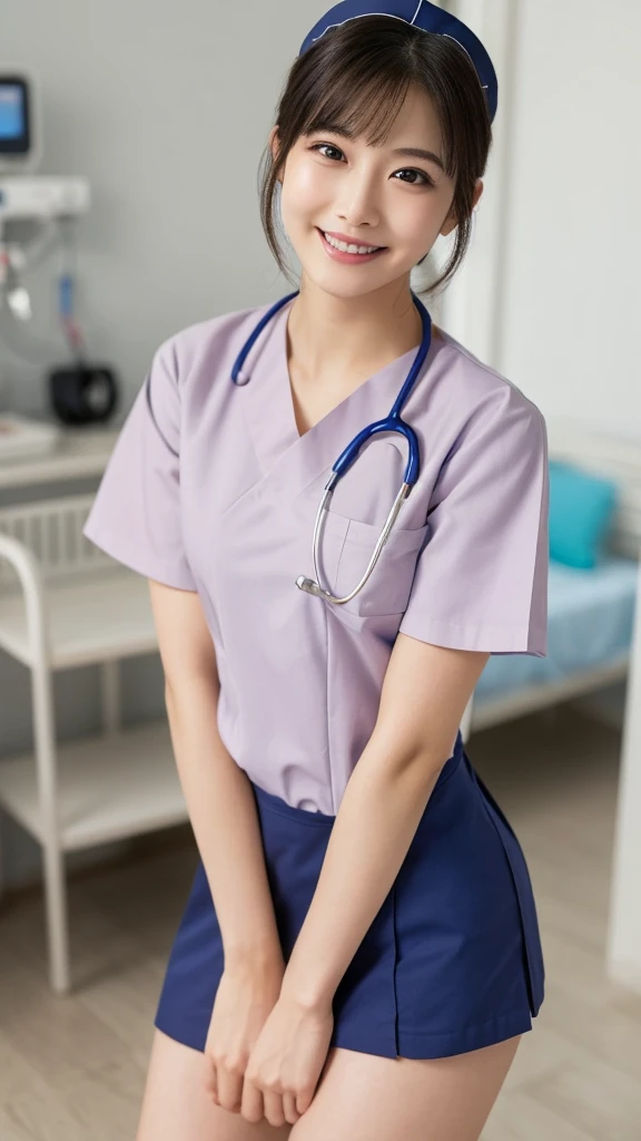 (Highest quality: 1.5), (Realistic: 1.5), (1 person: 1.5), Very detailed, High resolution, 8k,Natural color lips, Cute Smile, Japanese women, 20-year-old girl, Beautiful and elegant features, Perfect and beautiful face, Balanced big eyes, Beautiful and elegant features, Natural double eyelids, Natural Bangs, Beautiful thin nose, Beautiful Skin, Medium Bob Hair , Natural Bangs , Perfect and beautiful face, Slim face and figure, (Looking at the camera with a sweet smile), Bright lighting, Professional Lighting, Forward lighting, Beautiful feet: 1.2, Smooth Skin, Slender body, Slim waistline, slim thin thighs, Detailed clothing, (real short nurse uniform:1.2), (nurse:1.4), Ultra HD, Realistic, hospital, Light Pink