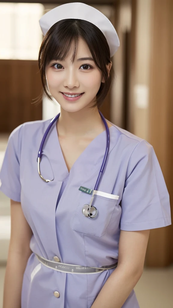 (Highest quality: 1.5), (Realistic: 1.5), (1 person: 1.5), Very detailed, High resolution, 8k,Natural color lips, Cute Smile, Japanese women, 20-year-old girl, Beautiful and elegant features, Perfect and beautiful face, Balanced big eyes, Beautiful and elegant features, Natural double eyelids, Natural Bangs, Beautiful thin nose, Beautiful Skin, Medium Bob Hair , Natural Bangs , Perfect and beautiful face, Slim face and figure, (Looking at the camera with a sweet smile), Bright lighting, Professional Lighting, Forward lighting, Beautiful feet: 1.2, Smooth Skin, Slender body, Slim waistline, slim thin thighs, Detailed clothing, (real short nurse uniform:1.2), (nurse:1.4), Ultra HD, Realistic, hospital, Light Pink