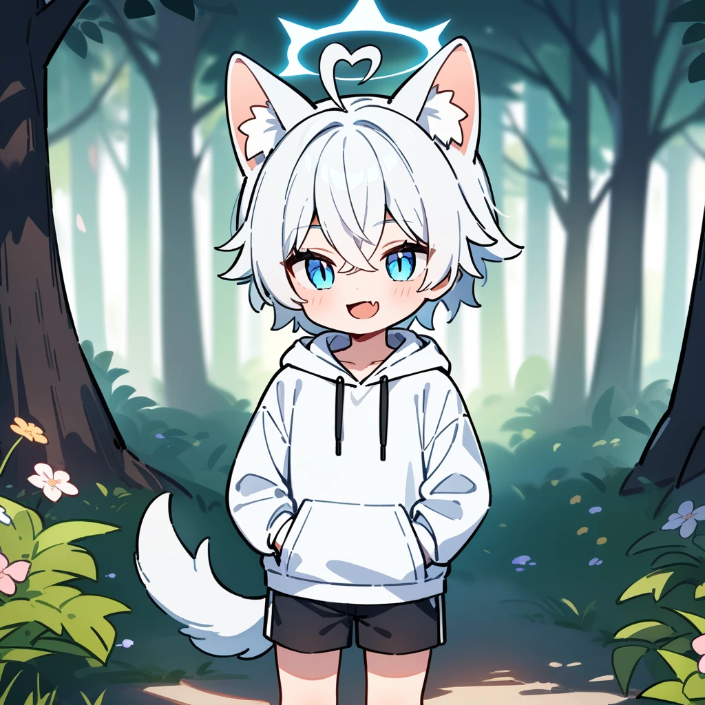 (masterpiece:1.2,high quality),4K,High resolution,A seven-year-old boy,cute boy,white hair,short hair,crossed bangs,light blue eyes,slit pupils,heart ahoge,halo,cat ears, smile,skin fang,Wearing a white hoodie,Black shorts,Stand in the forest,There are flowering trees on both sides.,primary school student,thigh,alone,dog tail,(Put your hands in your pockets),((Put your hands in your pockets))
