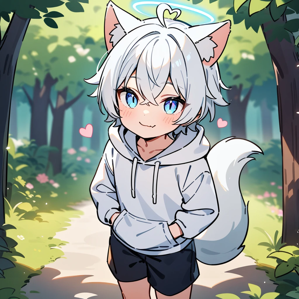 (masterpiece:1.2,high quality),4K,High resolution,A seven-year-old boy,cute boy,white hair,short hair,crossed bangs,light blue eyes,slit pupils,heart ahoge,halo,cat ears, smile,skin fang,Wearing a white hoodie,Black shorts,Stand in the forest,There are flowering trees on both sides.,primary school student,thigh,alone,dog tail,(Put your hands in your pockets),((Put your hands in your pockets))