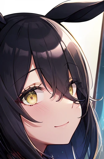 (Tabletop.Highest quality).(Dynamic Angle). (Amazingly detailed CG paintings),(Perfect image)、Comic Strip.shape.One Girl.Detailed face、Perfect Face.Delicate face、Girl in delicate clothes、Textured skin、Black Hair.length、(Horse-eared girl)Horse-eared girl、((Beautiful yellow eyes)).Delicate and beautiful eyes、The eyes are detailed、Reflective Eyes、Watery eye、smile.(Gazing at the audience:1.3).(Face is a little red:0.8)、8k wallpaper、Cowboy Shot、reflected light、Attention to detail、Complex、Delicate background、Textured skin、Detailed skin、(Ultra-high resolution)、