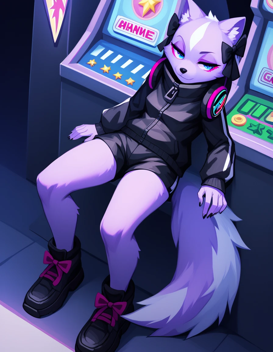 Solo, score_9,score_8_up, score_7_up, Shikabane, furry body, , jitome, eyes half open, magenta eyeliner, wearing black jacket, black short shorts, black shoes, in an arcade, looking around curious expression 