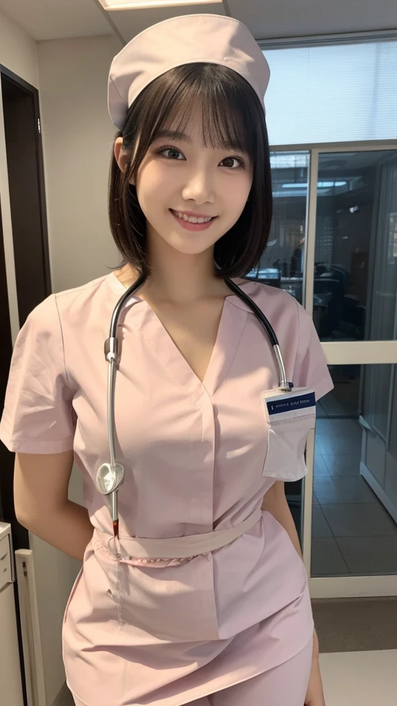 (Highest quality: 1.5), (Realistic: 1.5), (1 person: 1.5), Very detailed, High resolution, 8k,Natural color lips, Cute Smile, Japanese women, 20-year-old girl, Beautiful and elegant features, Perfect and beautiful face, Balanced big eyes, Beautiful and elegant features, Natural double eyelids, Natural Bangs, Beautiful thin nose, Beautiful Skin, Medium Bob Hair , Natural Bangs , Perfect and beautiful face, Slim face and figure, (Looking at the camera with a sweet smile), Bright lighting, Professional Lighting, Forward lighting, Beautiful feet: 1.2, Smooth Skin, Slender body, Slim waistline, slim thin thighs, Detailed clothing, (real short nurse uniform:1.2), (nurse:1.4), Ultra HD, Realistic, hospital, Light Pink