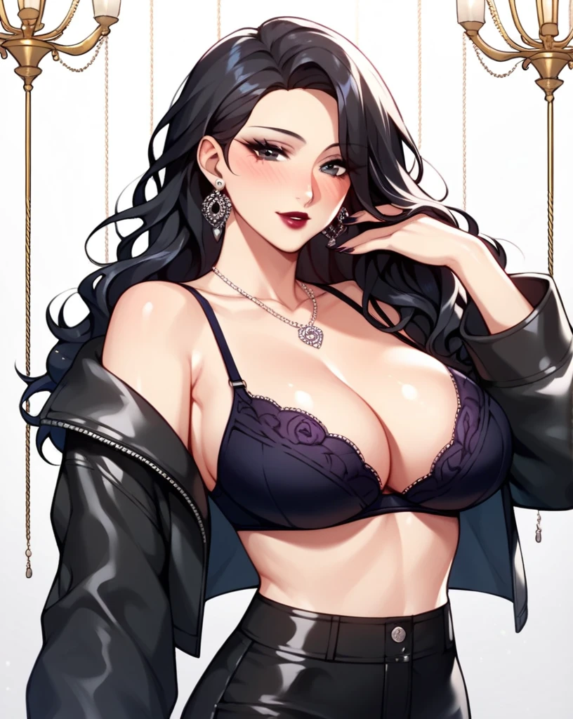 Hot sexy beautiful gothic milf ,big long silver chandelier  earrings,black hair,blush,black  eyes, necklace ,wavy blunt hair, lipstick,big
 breasts , jacket,bra,thongh pants 