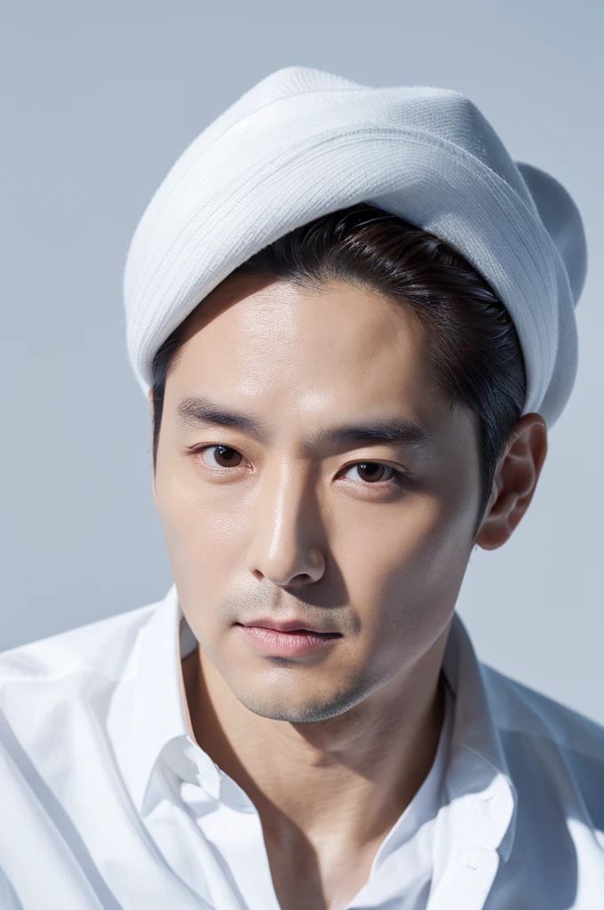 4K camera, perfect face, perfect skin, Korean man, white shirt, 40 years old, actor, pure white background