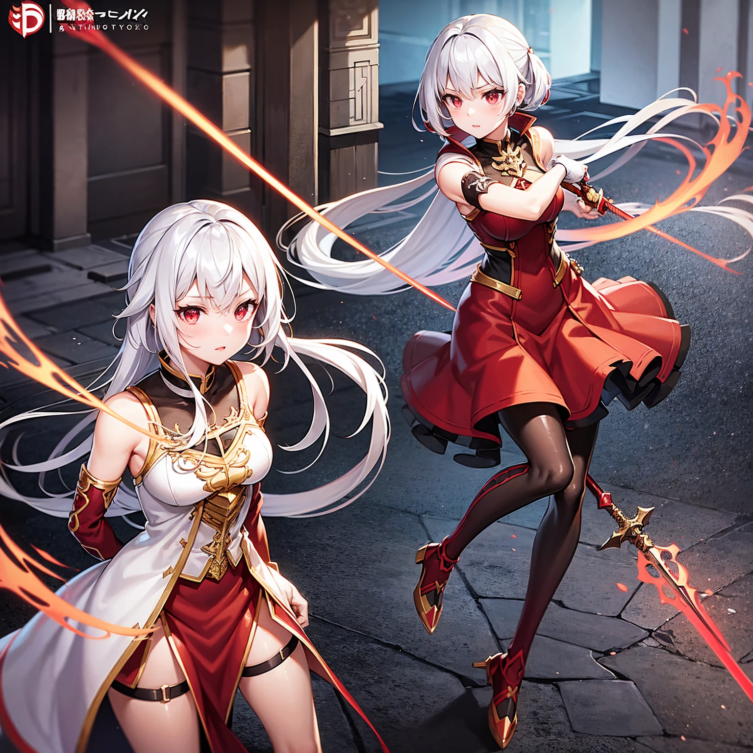 Wearing a red and white dress、anime girl holding sword, Highly detailed official artwork, Epic Light Novel Cover Art, epic Light novel cover art, Silver and red armor, guweiz on pixiv artstation, Anime style 4k, Detailed key animation art, Light novel cover art, Anime Fantasy Artwork，White hair and red eyes，Side Ponytail，Waist-length hair，1 Girl，Portraiture
